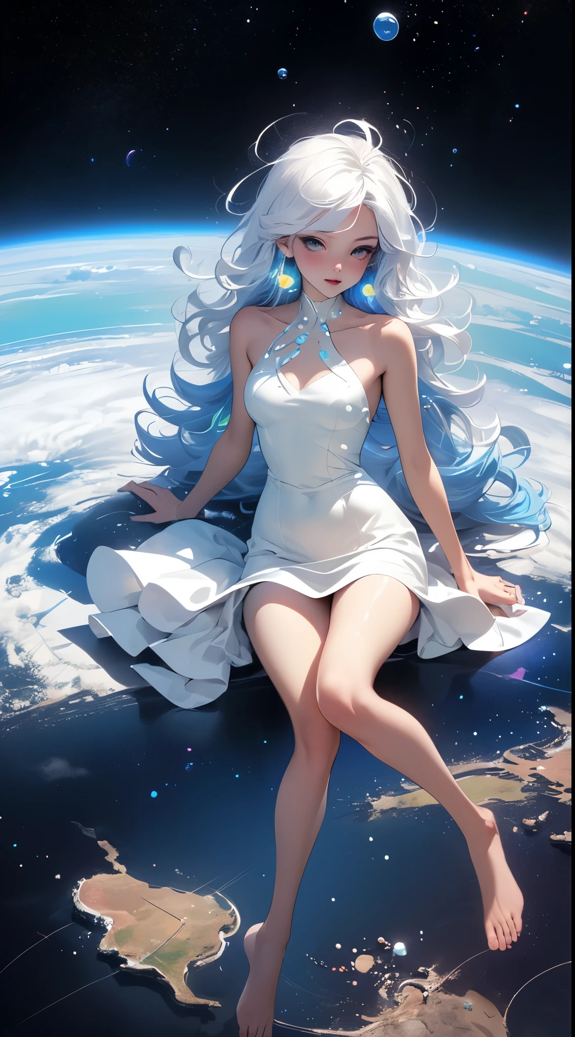 (tmasterpiece, Best quality at best:1.2), (ultra - detailed),(lamplight), Wallpapers, Original,
1 girl, Messy White Hair, thin shoulder strap, White dress, bare-legged, The barefoot, Naked arms, the space, Earth background, Low Earth orbit, 
,(Surrounded by colorful spots and dots),Colorful bubbles,(Shiny)