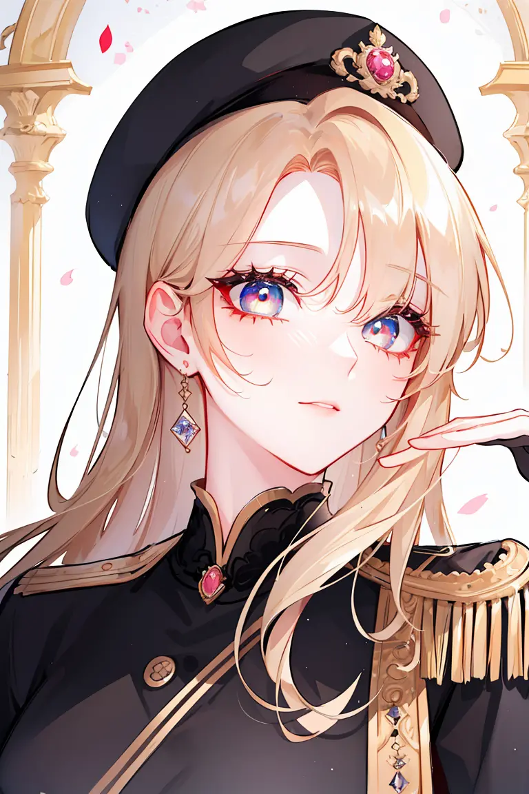 (shoujo-style), floral background, romance manhwa, manhwa-scenery, (mature women aligned), shiny gloves and black beret, glamoro...