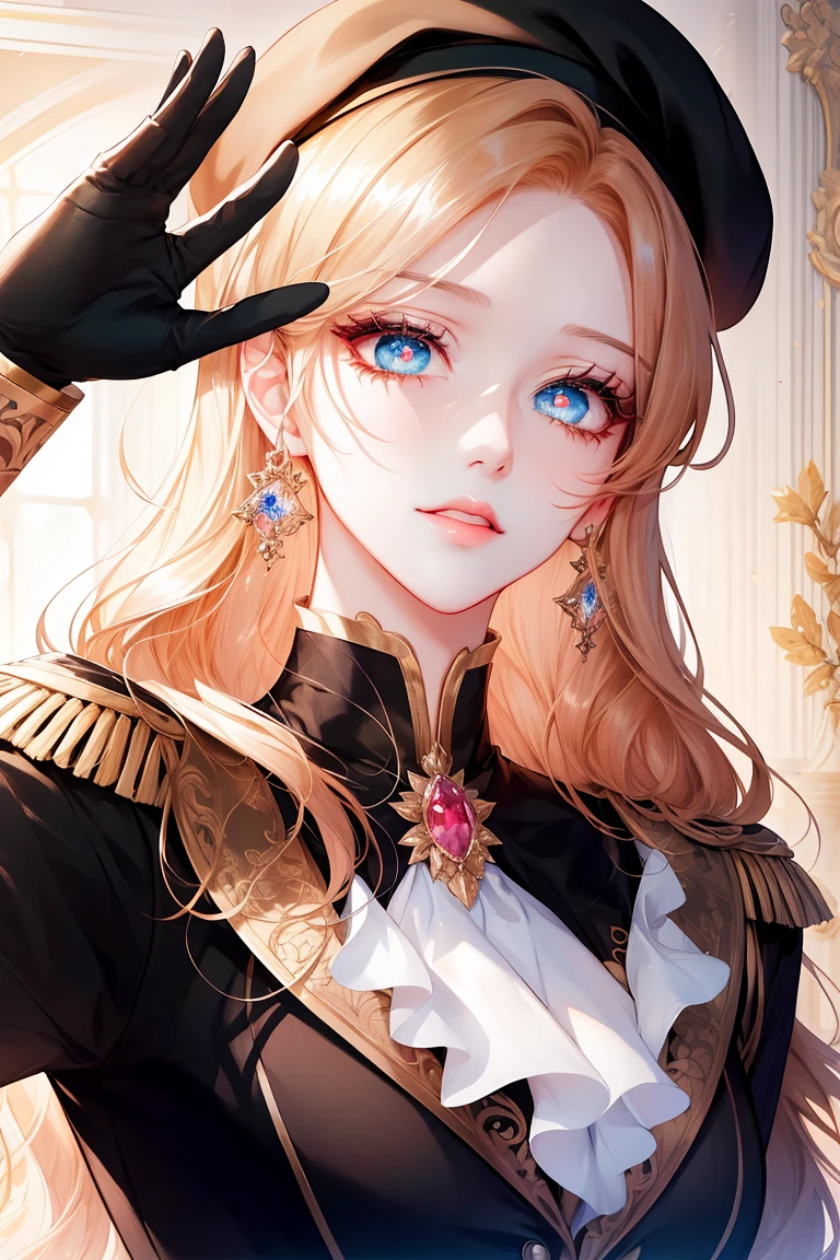 (shoujo-style), floral background, romance manhwa, manhwa-scenery, (mature women aligned), shiny gloves and black beret, glamorous proportion, brown curry hair, (beautiful eyes), (detailed pupils), perfect face, face focus, (epaulettes), Salute
, gleaming skin, mascara, long eyelashes, perfect eyes, (face focus),