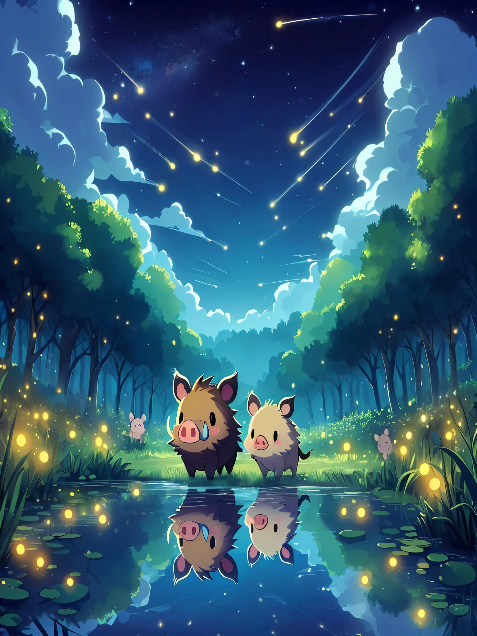 Draw an anime simple art scene of cute wild boar couple passing through a marsh, fireflies, night, reflection, small trees, dense jungle, blue cloudy sky, no human, vibrant color tones,