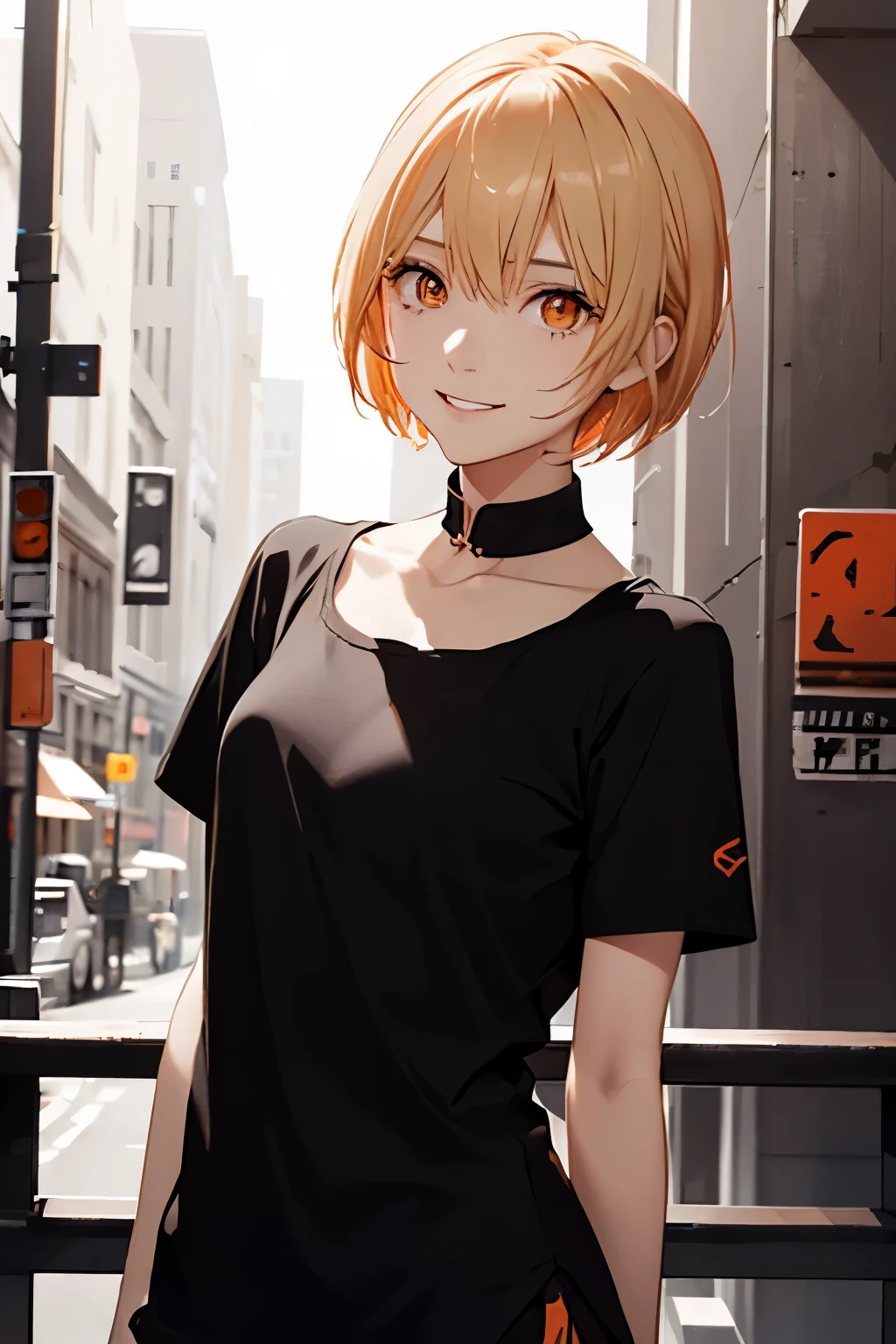 OTS-14(solo)、orange eyes、Dolls Frontline 2、slender、short blonde hair、high resolution、high quality、bar background、Two-tone black and white T-shirt、Smile gently