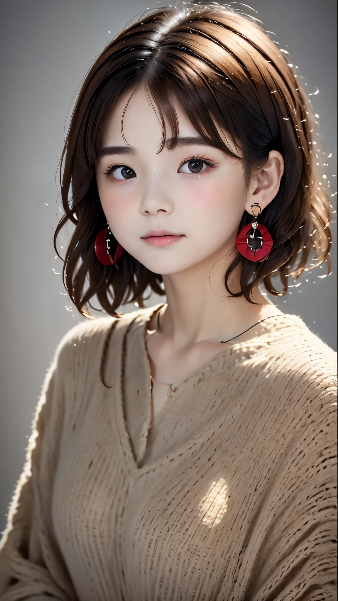 Portrait、master piece:1.3、one girl、Upper body、upper body、baby face、natural look、Very cute、brown hair、detailed eyes、short bangs、short bob:1.3、(((small red earrings:1.1)))、plump lips、no makeup、green clotheocus on face、highest quality、high resolution、Super detailed、High quality、Detailed details、８ｋ、(((blurred background、gray wall、gray background、White world、photography studio:1.5、cinematic lighting、professional photographer)))