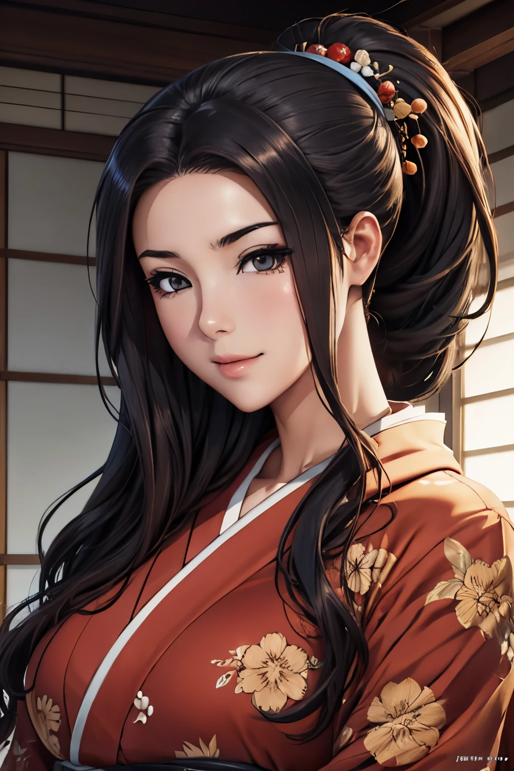 (obra maestra), mejor calidad, ojos expresivos, Cara perfecta hermosa mujer japonesa de dibujos animados, dibujos animados lindo anime, hermoso kimono japonés, Hay un dragón bordado en el kimono.. color kimono negro y rojo, mujer japonesa pelo largo, color de pelo negro, cola de caballo estilo de pelo, párpados individuales, Estilo de ojos encapuchados, sensuales, hundidos, cautivadores y enigmáticos., Sonrisa de expresión facial., situación hermosa imagen.