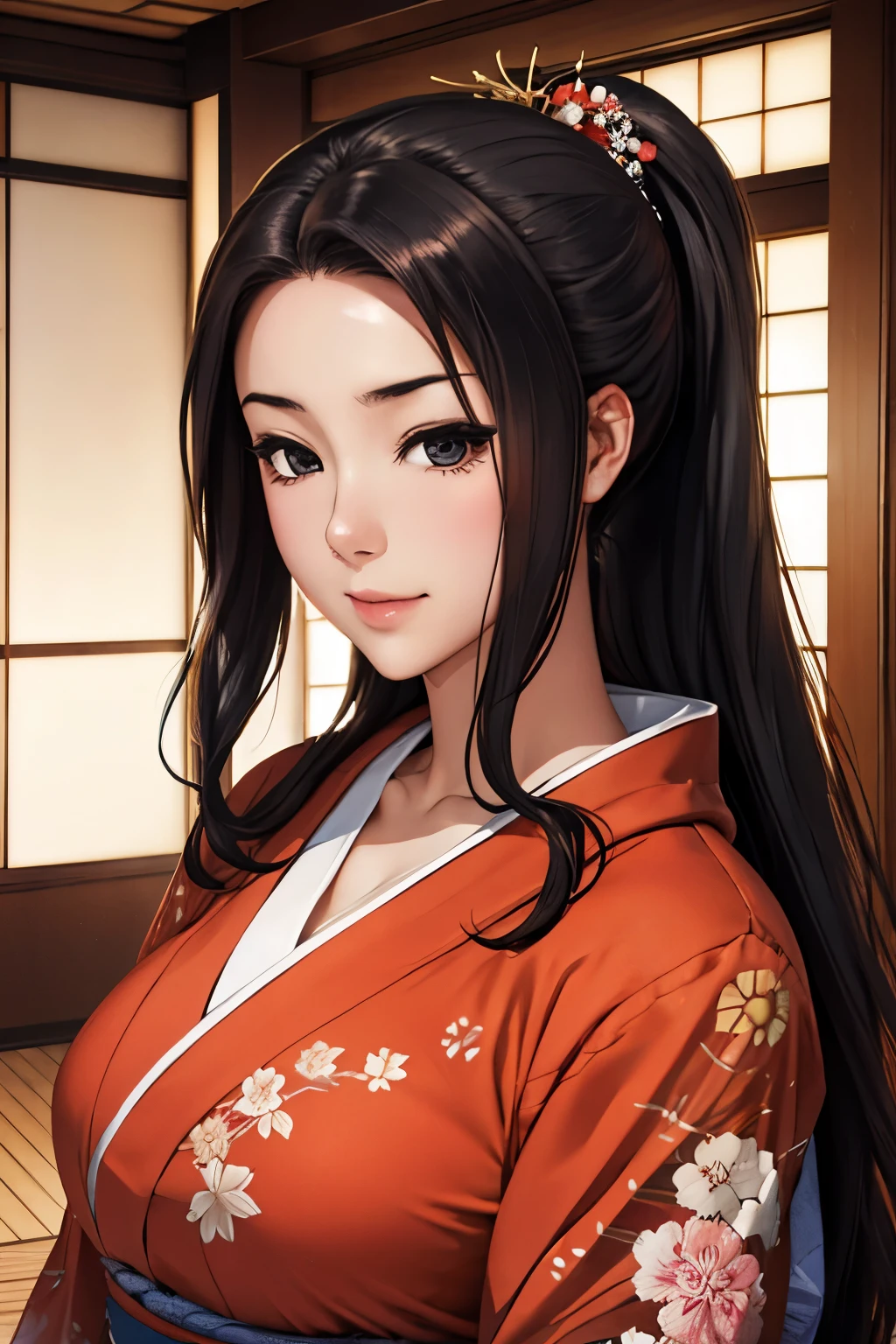 (obra maestra), mejor calidad, ojos expresivos, Cara perfecta hermosa mujer japonesa de dibujos animados, dibujos animados lindo anime, hermoso kimono japonés, Hay un dragón bordado en el kimono.. color kimono negro y rojo, mujer japonesa pelo largo, color de pelo negro, cola de caballo estilo de pelo, párpados individuales, Estilo de ojos encapuchados, sensuales, hundidos, cautivadores y enigmáticos., Sonrisa de expresión facial., situación hermosa imagen.