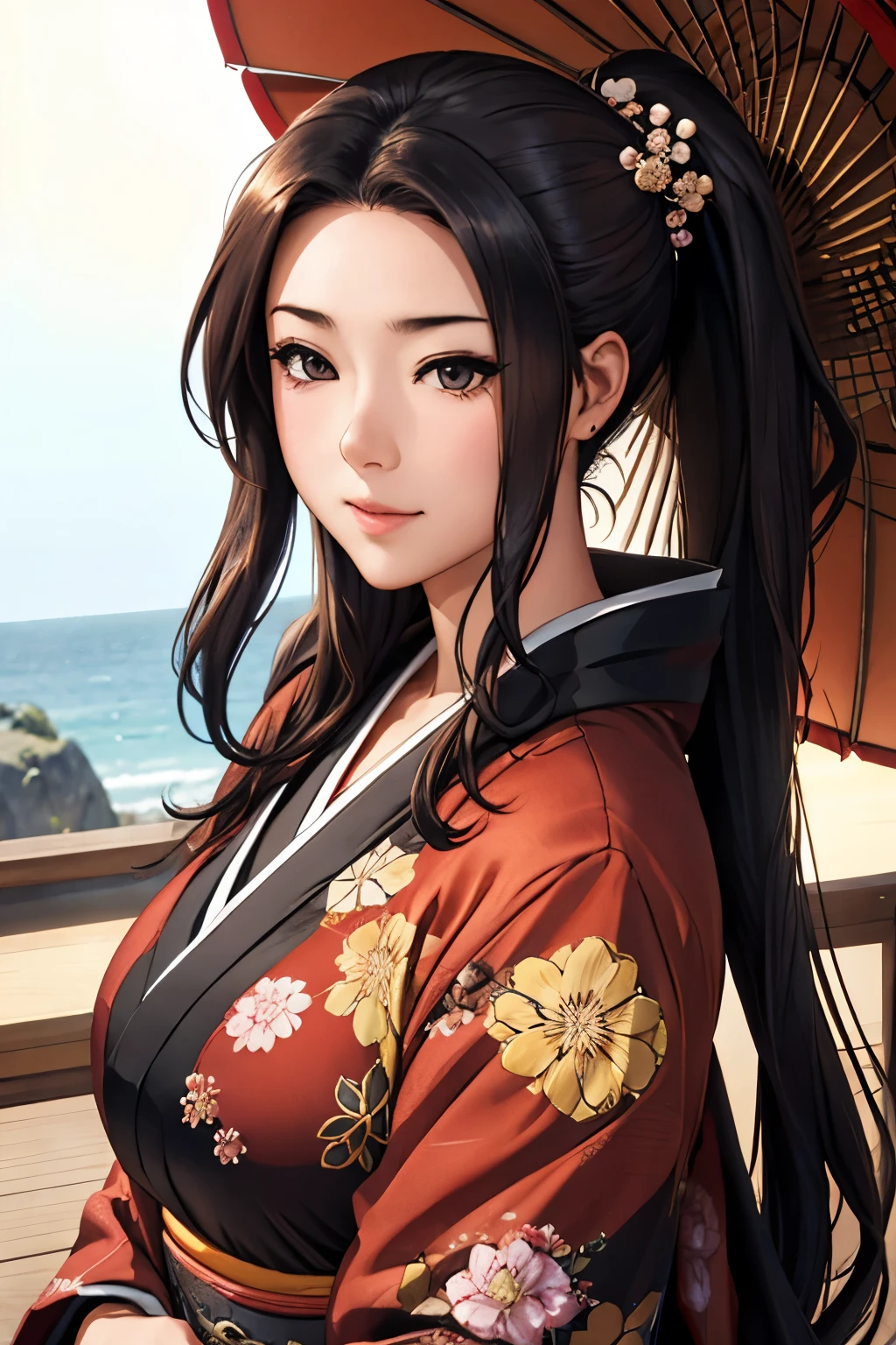 (obra maestra), mejor calidad, ojos expresivos, Cara perfecta hermosa mujer japonesa de dibujos animados, dibujos animados lindo anime, hermoso kimono japonés, Hay un dragón bordado en el kimono.. color kimono negro y rojo, mujer japonesa pelo largo, color de pelo negro, cola de caballo estilo de pelo, párpados individuales, Estilo de ojos encapuchados, sensuales, hundidos, cautivadores y enigmáticos., Sonrisa de expresión facial., situación hermosa imagen.