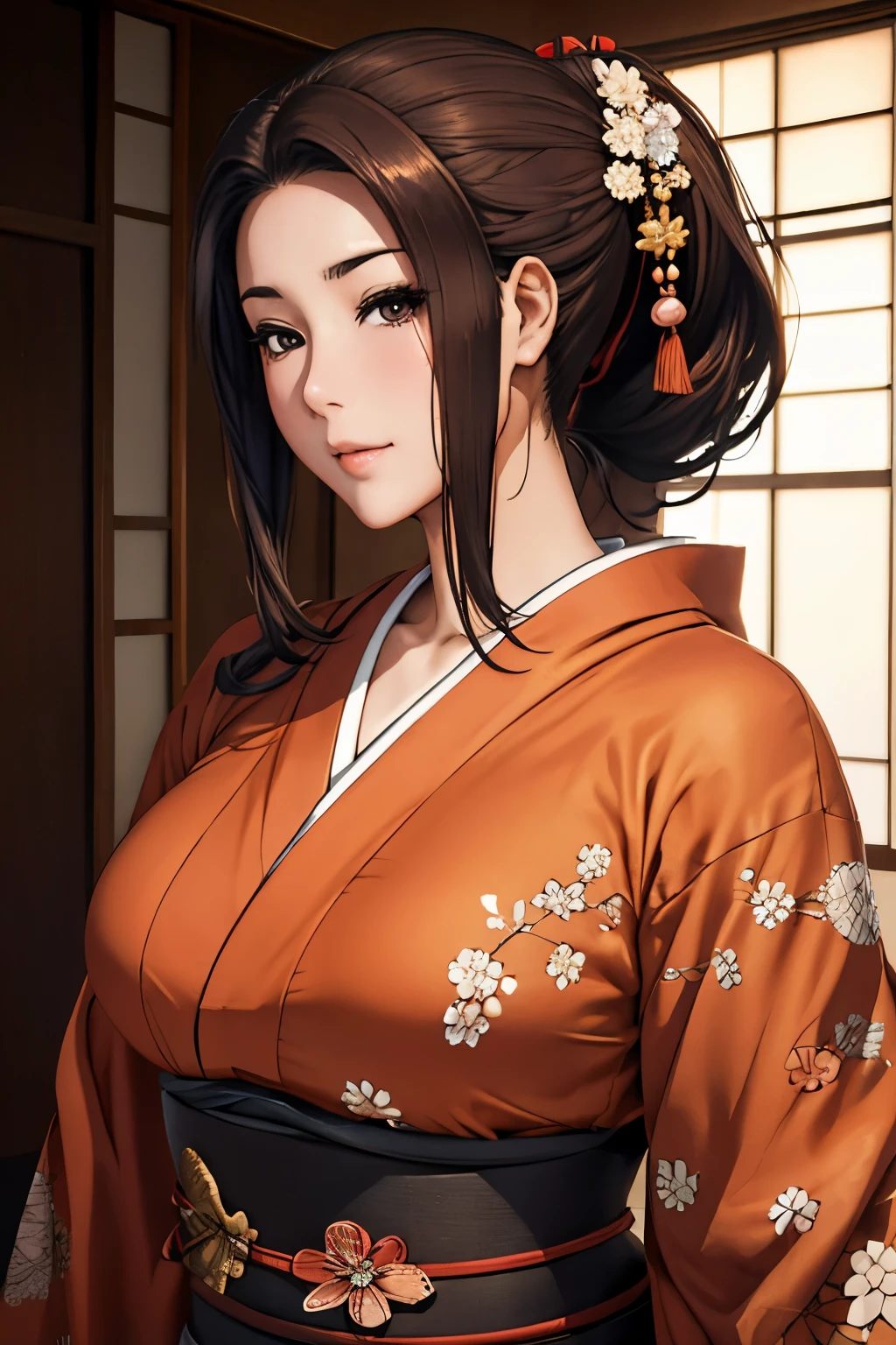 (obra maestra), mejor calidad, ojos expresivos, Cara perfecta hermosa mujer japonesa de dibujos animados, dibujos animados lindo anime, hermoso kimono japonés, Hay un dragón bordado en el kimono.. color kimono negro y rojo, mujer japonesa pelo largo, color de pelo castaño, cola de caballo estilo de pelo, párpados individuales, Estilo de ojos encapuchados, sensuales, hundidos, cautivadores y enigmáticos., Sonrisa de expresión facial., situación hermosa imagen.