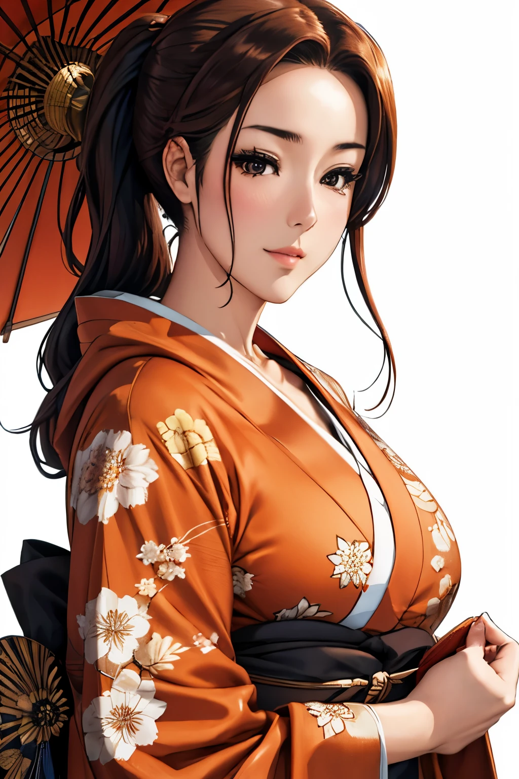 (obra maestra), mejor calidad, ojos expresivos, Cara perfecta hermosa mujer japonesa de dibujos animados, dibujos animados lindo anime, hermoso kimono japonés, Hay un dragón bordado en el kimono.. color kimono negro y rojo, mujer japonesa pelo largo, hair colour  orange, cola de caballo estilo de pelo, párpados individuales, Estilo de ojos encapuchados, sensuales, hundidos, cautivadores y enigmáticos., Sonrisa de expresión facial., situación hermosa imagen.