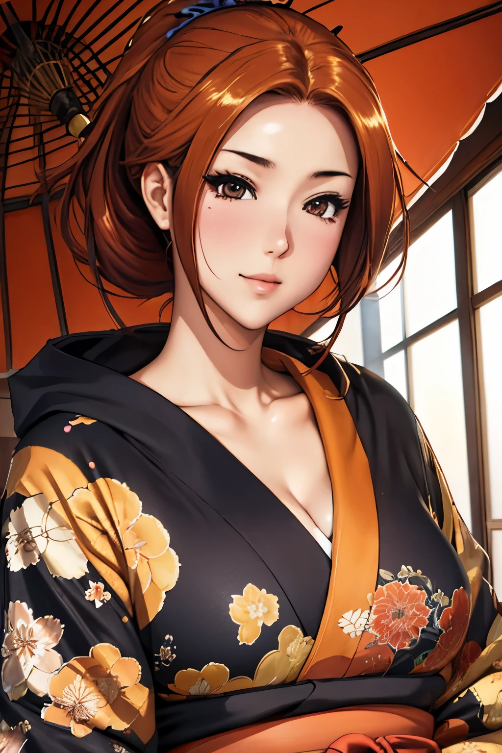 (Meisterwerk), beste Qualität, ausdrucksstarke Augen, perfektes Gesicht Schöne japanische Frau Cartoon, Cartoon niedlich Anime, wunderschöner japanischer Kimono, Auf dem Kimono ist eine Drachenstickerei. Kimonofarbe schwarz und rot, Japanische Frau mit langen Haaren, Haarfarbe orange, Frisur Pferdeschwanz, Einzelne Augenlider, Augenstil verdeckt und schwül und tief liegend und fesselnd und rätselhaft, Gesichtsausdruck Lächeln, Situation schönes Bild.