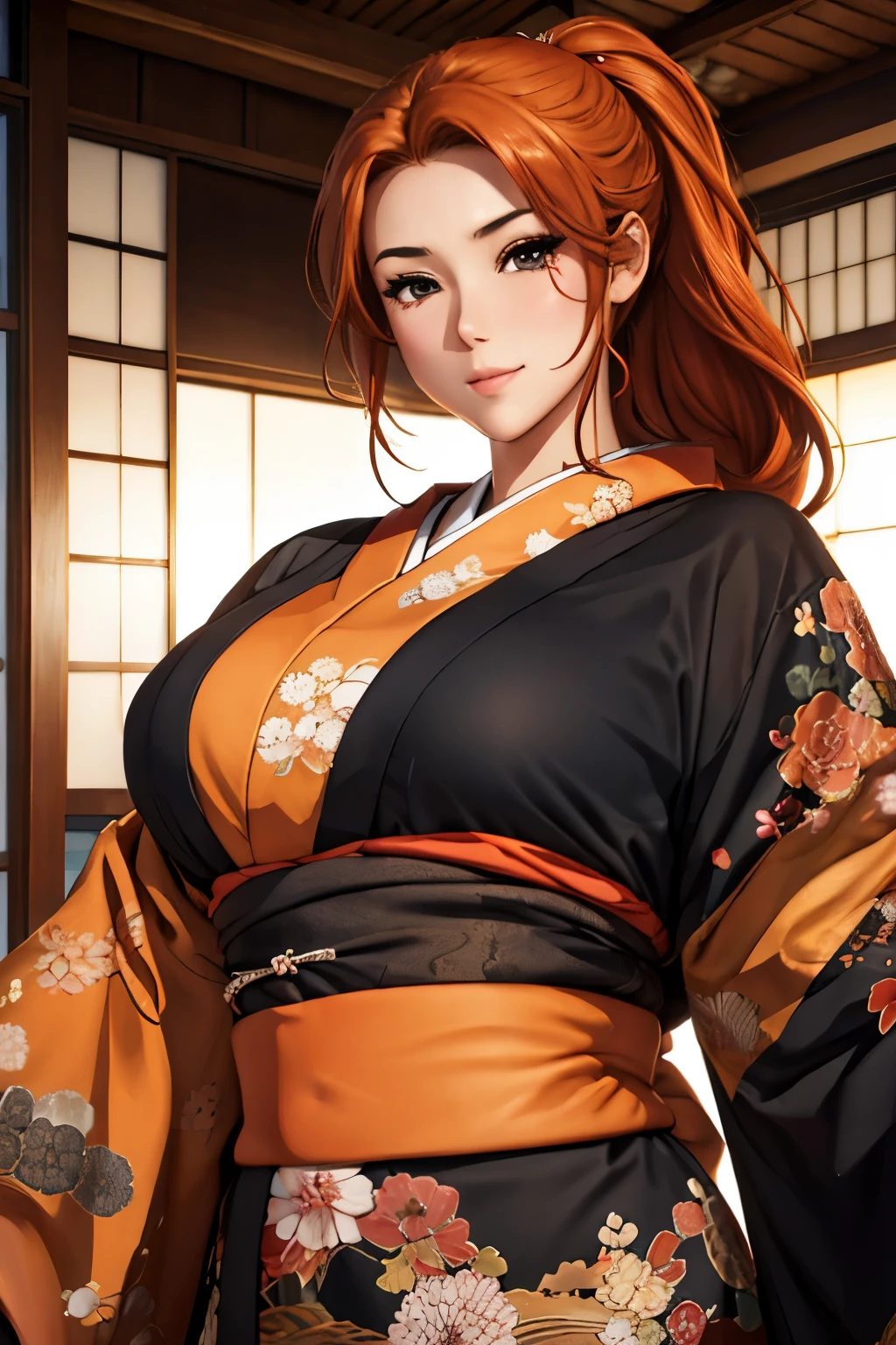 (杰作), 最好的质量, 富有表现力的眼睛, 完美的脸美丽的日本女人卡通, 卡通 可爱 动漫, 美丽的日本和服, 和服上有龙刺绣. 和服颜色黑色和红色, 日本女人的长发, 头发颜色 橙色, 发型 马尾辫, 单眼皮, 眼睛样式 凹陷、性感、深陷、迷人、神秘, 面部表情微笑, 情况 美丽 形象.