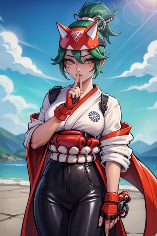 Kiriko powerwatch 2, blusa blanca, pantalon negro con detalles rojos, Chica con pelo verde, robot caballo, Máscara de zorro, ojos verdes brillantes, kimono, cuerda de cintura,