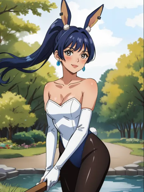 sena, side pony tail, fire hair ,navy blue hair ,1girl, solo, small breasts, ,earrings glossy lips ,looking at viewer, blush, large breasts, nature, pond, trees, park, long white elbow satin gloves, holding, animal ears, cleavage, bare shoulders, jewelry, ...