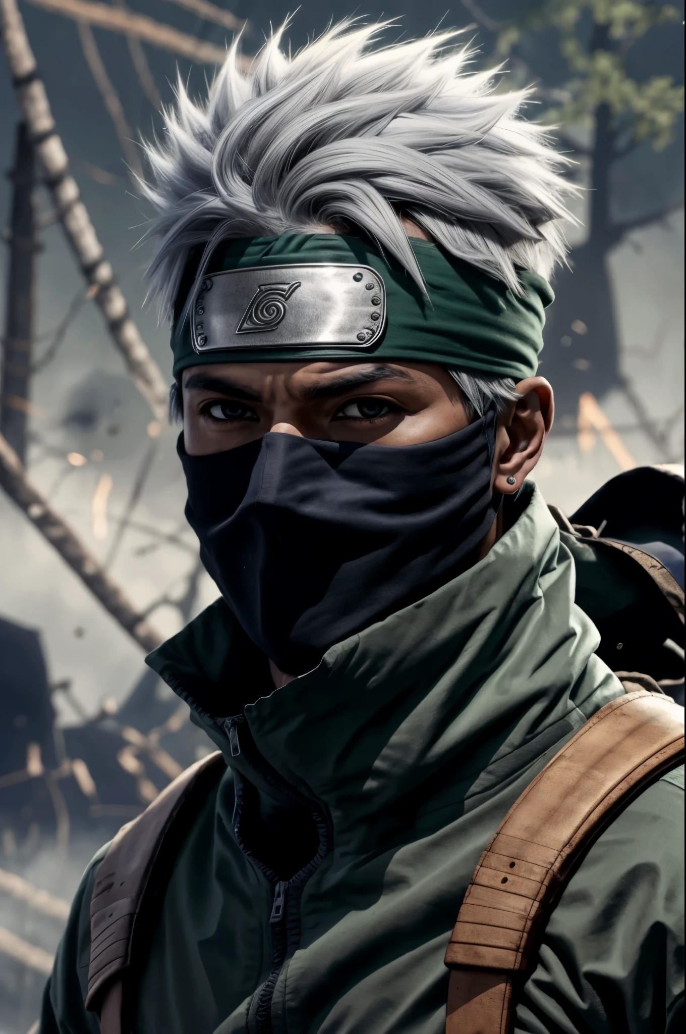 foto meio corpo, kakashi, 1 menino, foco masculino, Sozinho, brilhante, olho esquerdo vermelho, ninja, arma, olhos brilhantes, segurando, olhando para o espectador, luvas sem dedos, luvas, segurando arma, espada, luvas pretas