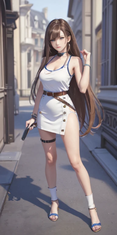 masterpiece++, best quality++, ultra-detailed+, extremely detailed++, 4K, 8K+, best quality, beautiful+, anime style,1person,full body image,room,white simple mini tanktop dress,narrow leather belt,tight belt++,beautiful brown hair,beautiful blue eyes, beautiful eyes++, long straight hair