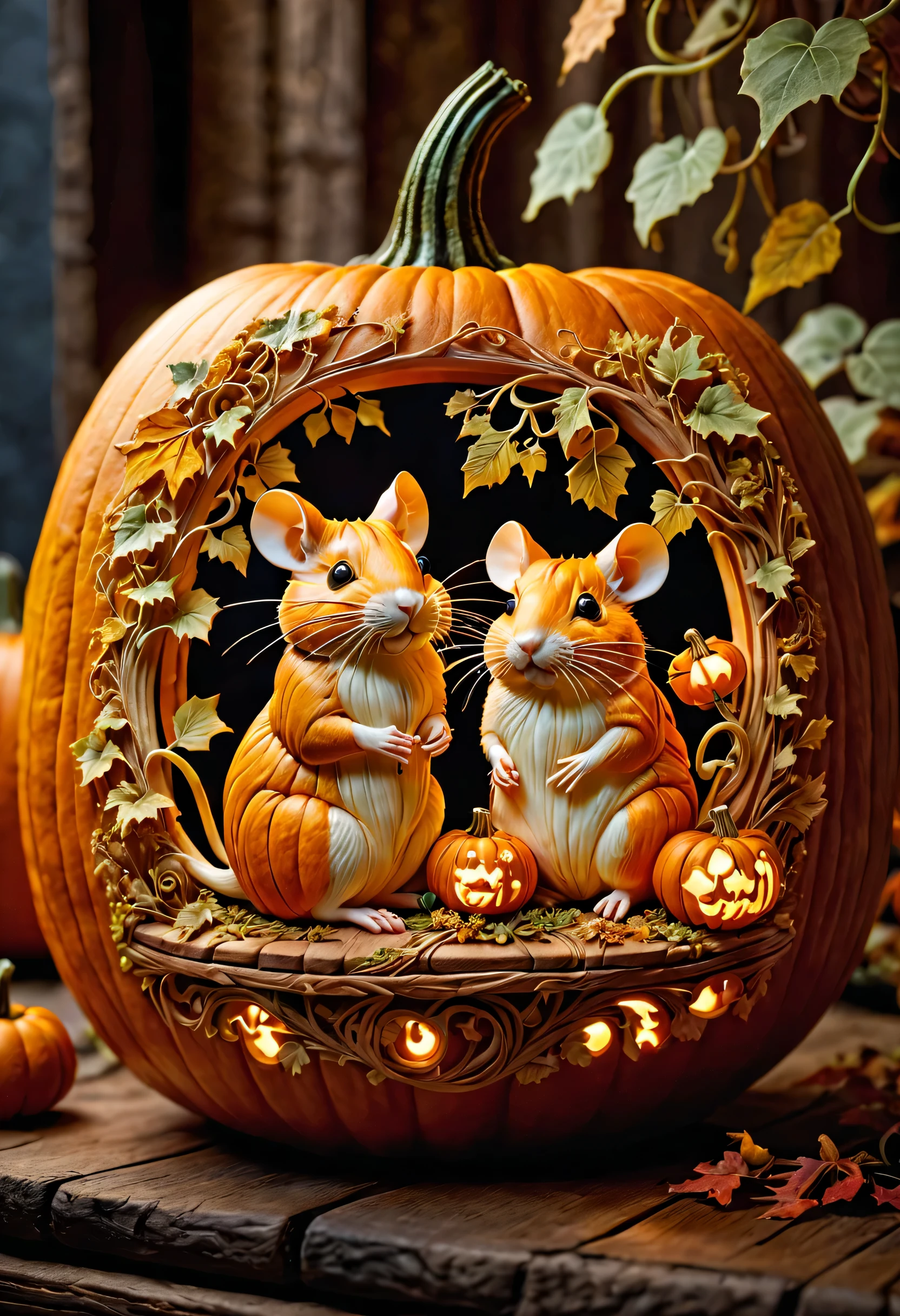 Pumpkin carving with two mice and pumpkins on a table - SeaArt AI