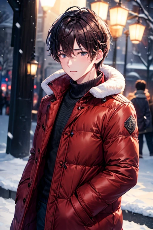 illumination、night park、It&#39;s snowing、a handsome guy、with short brown hair, Brown down jacket、red muffler、long sleeve、Exhaled breath is white、disorganized、High resolution、In 8K、sharp focus、zoom、with the best image quality