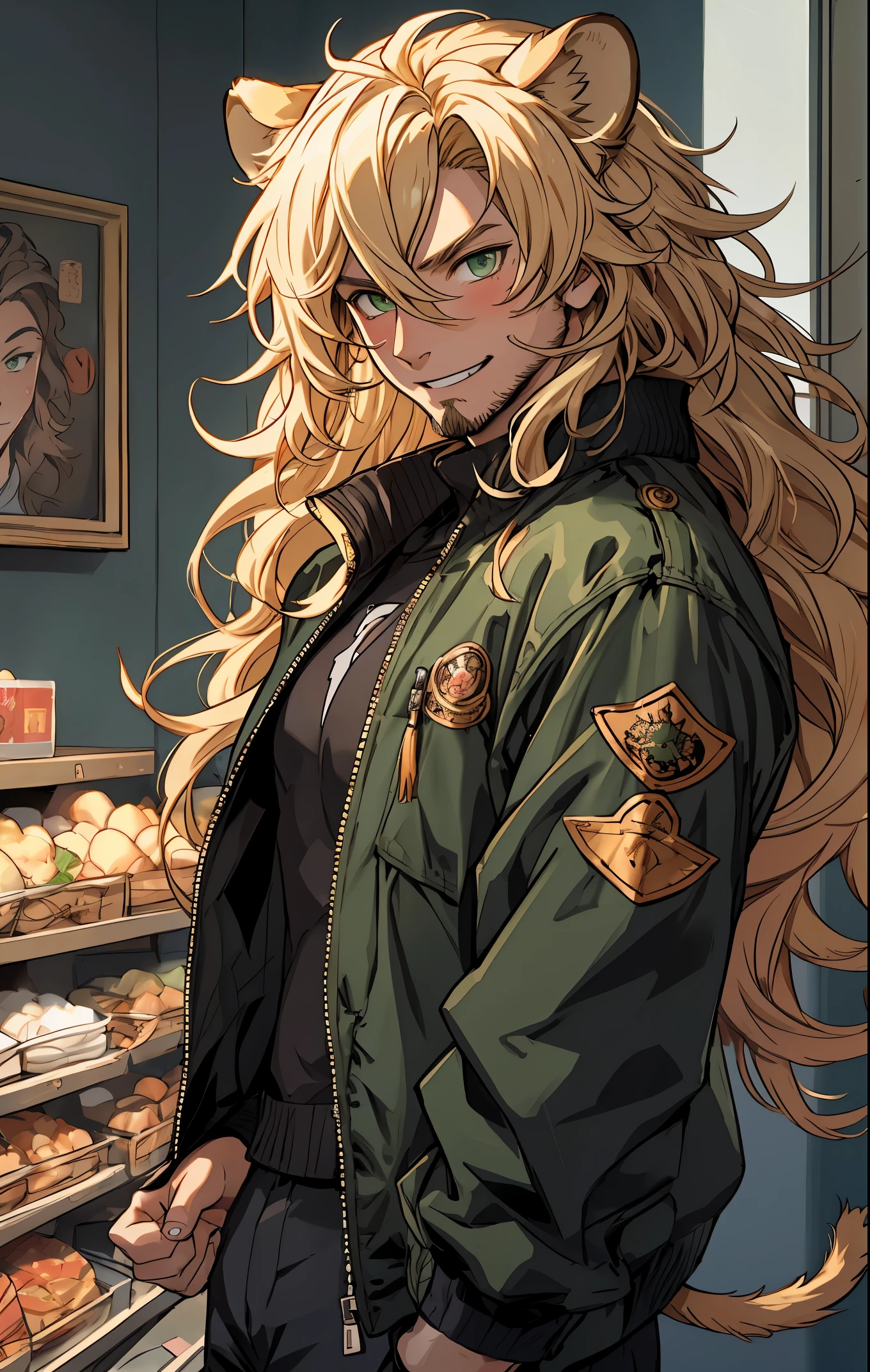 One male, lion ears, long hair, blond, blond hair, green eyes, tall, muscular, black bomber jacket, beautiful face, highest quality, masterpiece, 2d, anime, perfect face, highest detail, feline eyes, stubble, lion tail, wavy hair, cowboy shot, intricate details, room interior, solo, smile, blushing