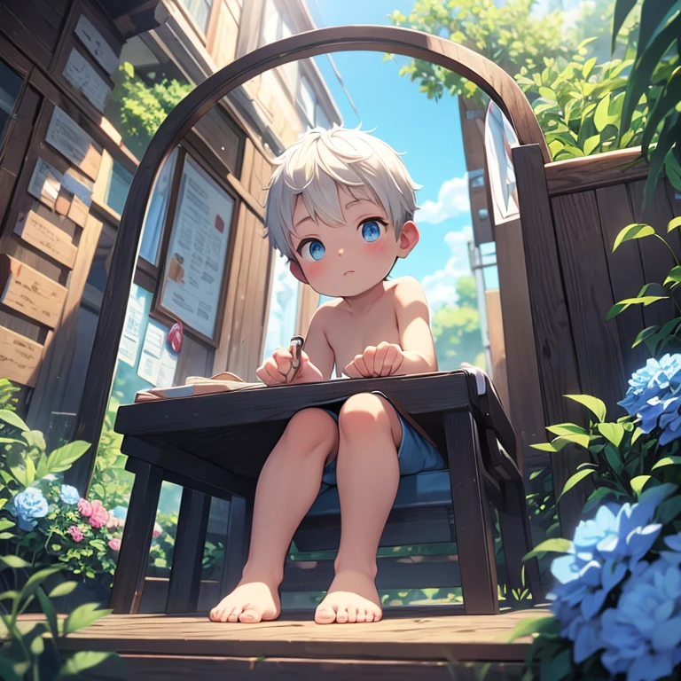 4k), A little boy with white hair, descalzo y ropa blanca, small and tiny feet., Se sienta sobre una almohada gigante en un campo., that covered with blue roses, y orar, Luz antiniebla, Impresionismo, 2d, (Espinas: 1.1), (dead tree: 1.1) Enfocado en los pies, Pies de cerca