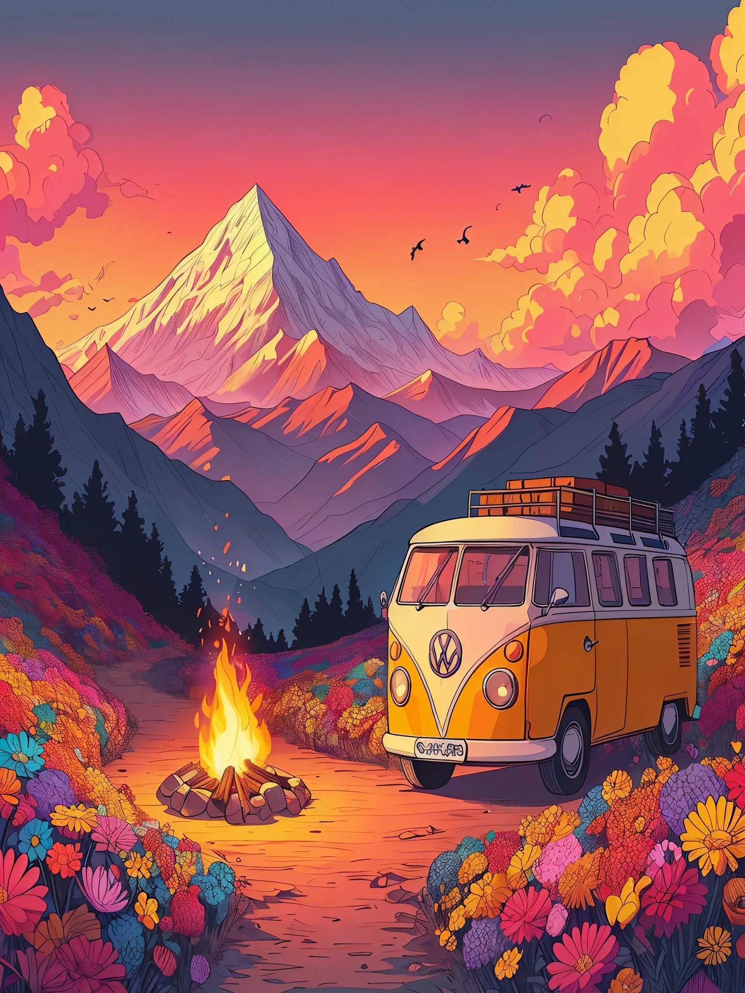 Draw an anime simple art scene of yellow volkswagon van on uphill path full of colorful flowers, dark, bonfire, magnificent himalayan range visible on the side, pinkish orangish cloudy sky, no human, vibrant color tones,