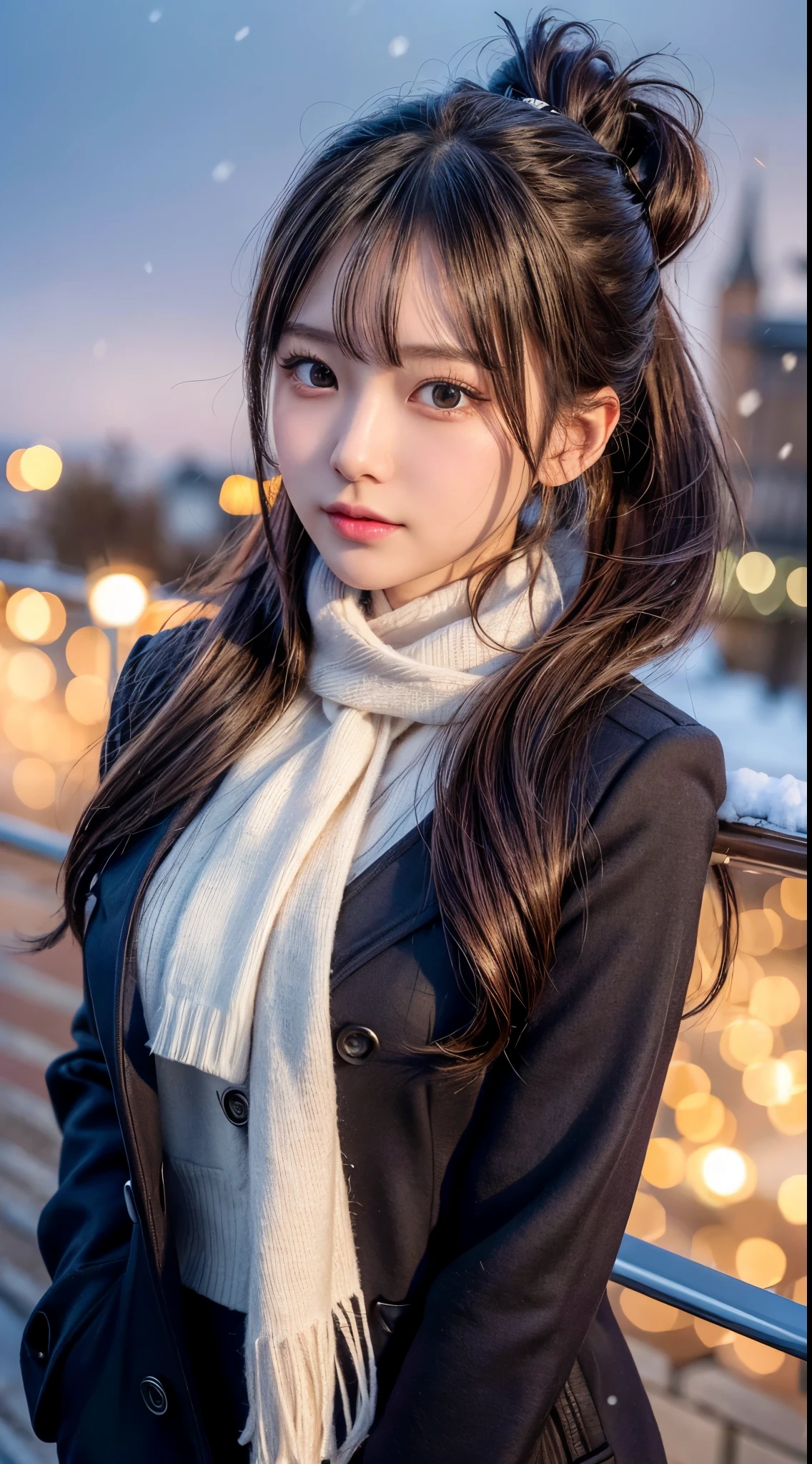 blush,long hair ponytail,big ribbon in her hair,(8K, Raw photo, best quality, muste piece:1.2), (Reality, photorealistic:1.4), (Highly detailed 8K wallpaper),  sharp focus, Depth of bounds written, cinematic lighting, soft light, detailed beauty eye,Shiny and smooth light brown ponytail, asymmetrical bangs, shiny skin, super detailed skin ,high resolution, high detail, detailed hairstyle, detailed beauty face, hyper real, perfect limbs, perfect anatomy ,1 Japanese girl,famous japanese idol, perfect female body,shy smile,short eyelashes,double-edged eyelids,look straight here,Hair style is ponytail,wear a ribbon, office,long ponytail hairstyle,Wearing scrunchies,wearing a long coat,The Street,stand straight and pose,So that the whole body can be seen,winter,warm clothes,look straight at me,wearing a scarf,It's snowing,wear a black long-sleeved coat,european cityscape,cobblestone road,European churches can be seen in the background,in front of a church in europe,Dusk hours,illumination is shining