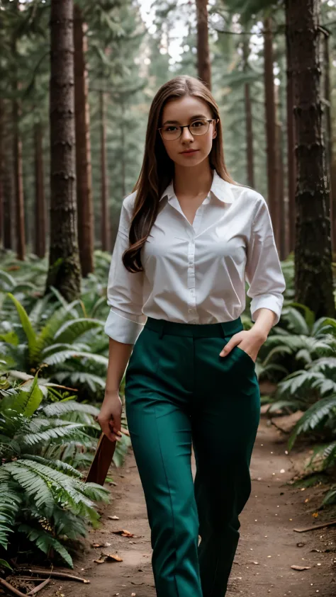 a beautiful russian girl, wearing glasses, shirt and pants, walking in the forest