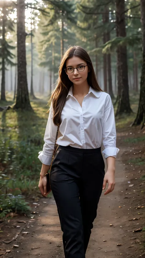 a beautiful russian girl, wearing glasses, shirt and pants, walking in the forest