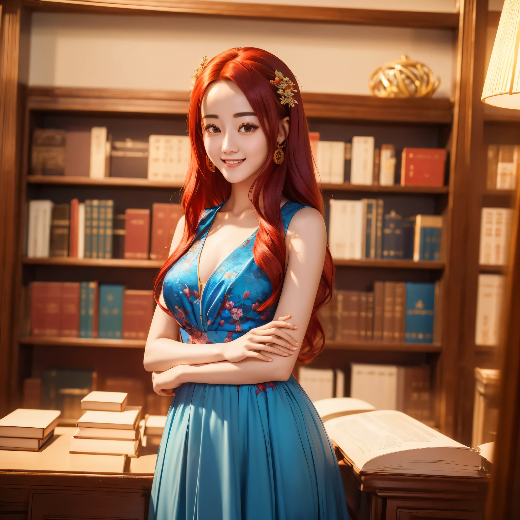 (best quality,4k,8k,highres,masterpiece:1.2),ultra-detailed, red haired Chinese college student, Dilraba Dilmurat, flowery blue sundress, smiling, in the library, HDR, 8k, absurdres, cinestill 800, sharp focus