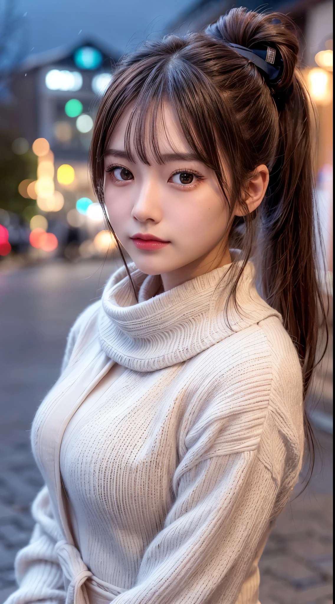 blush,long hair ponytail,big ribbon in her hair,(8K, Raw photo, best quality, muste piece:1.2), (Reality, photorealistic:1.4), (Highly detailed 8K wallpaper),  sharp focus, Depth of bounds written, cinematic lighting, soft light, detailed beauty eye,Shiny and smooth light brown ponytail, asymmetrical bangs, shiny skin, super detailed skin ,high resolution, high detail, detailed hairstyle, detailed beauty face, hyper real, perfect limbs, perfect anatomy ,1 Japanese girl,famous japanese idol, perfect female body,shy smile,short eyelashes,double-edged eyelids,look straight here,Hair style is ponytail,wear a ribbon, office,long ponytail hairstyle,Wearing scrunchies,wearing a long coat,The Street,stand straight and pose,So that the whole body can be seen,winter,warm clothes,look straight at me,wearing a scarf,It's snowing,european cityscape,cobblestone road,European churches can be seen in the background,in front of a church in europe,night time,illumination is shining