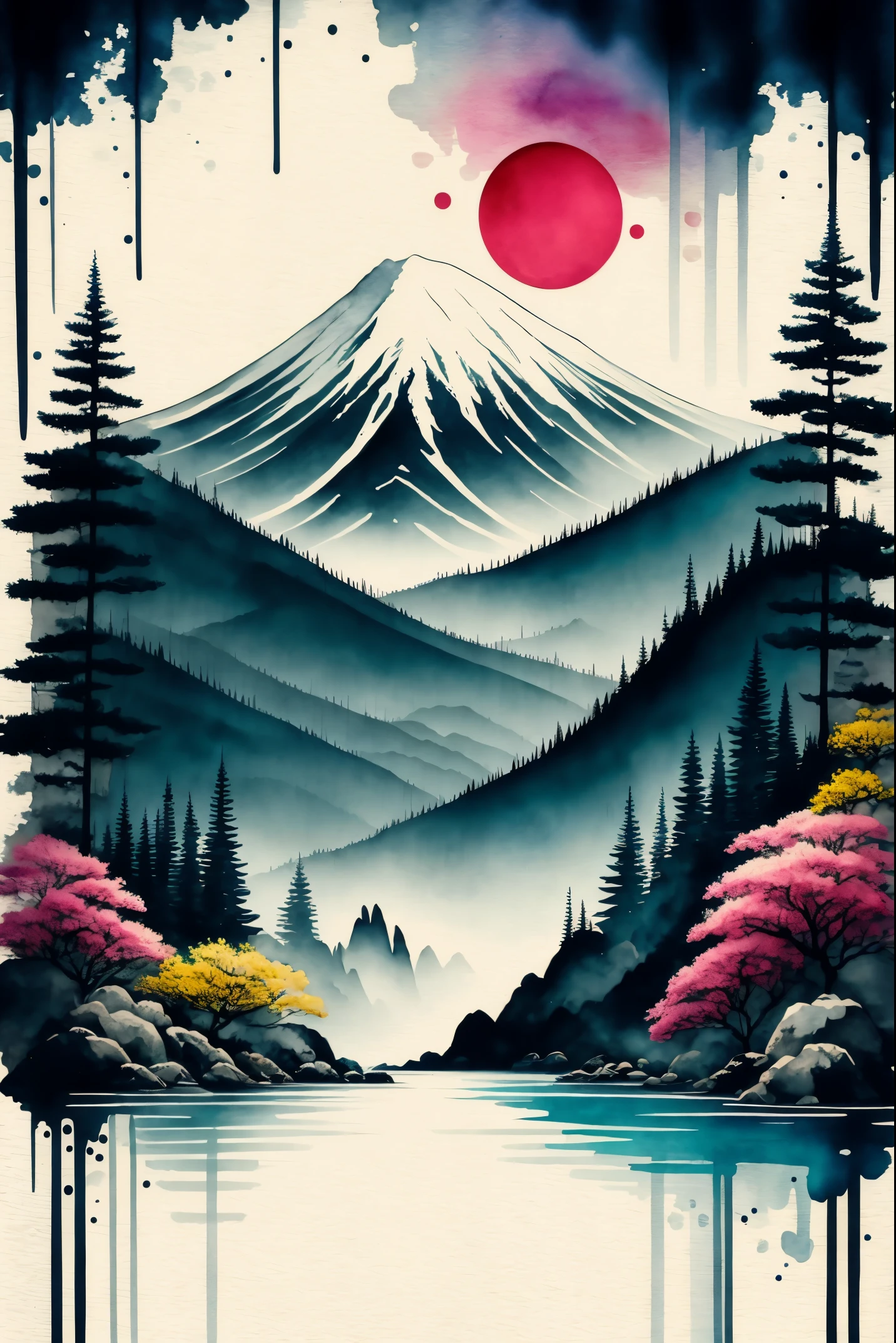 白色の背景, 景色, 水color, 山々, 水, 木, カラフル,