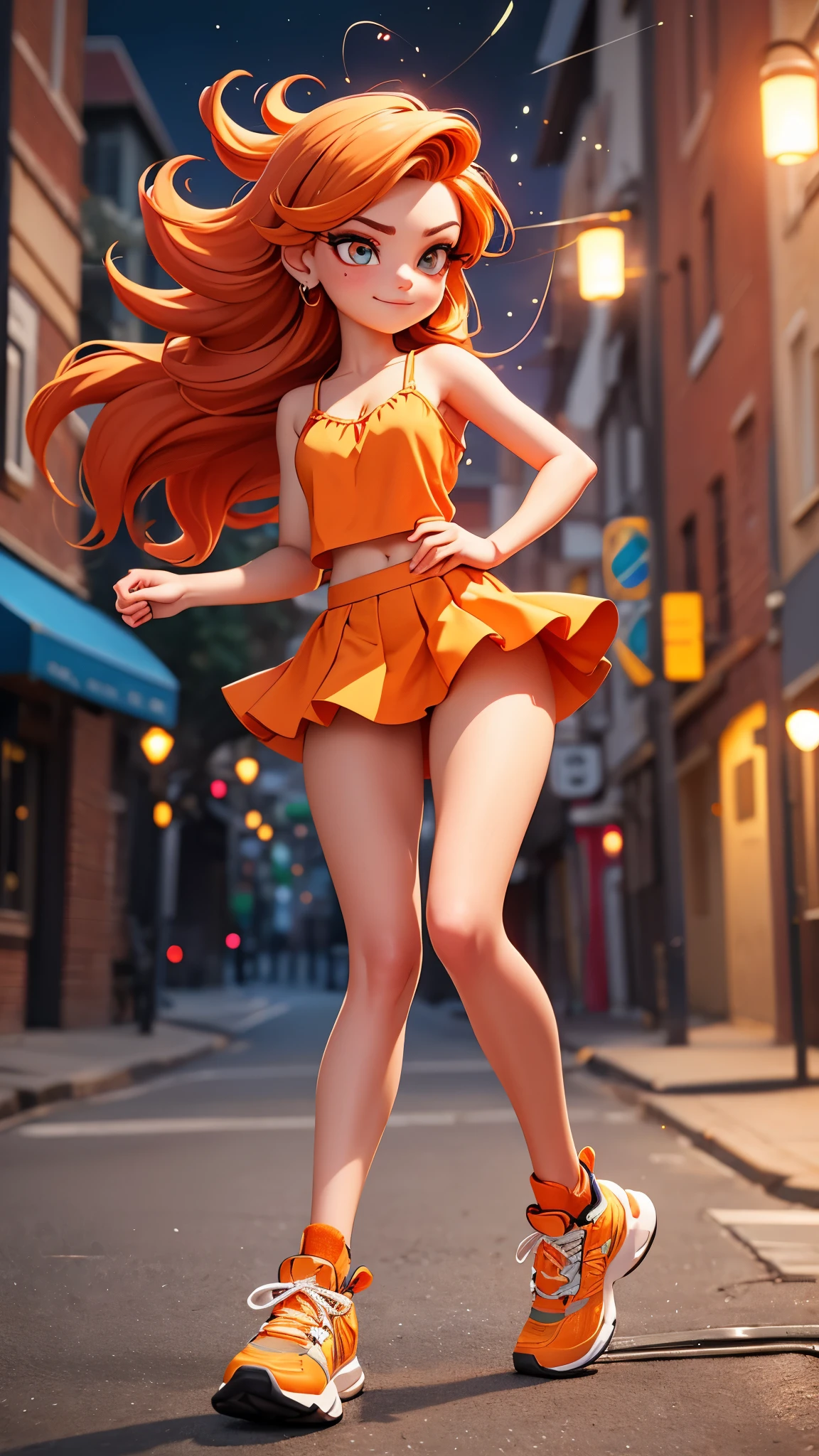 Full frontal teen female in a short and tight-fitting spaghetti strap top and short frilly skirt, Long voluminous blazing burnt orange hair flowing in the wind . Eyes are a piercing blue.she is winking mischievously at the camera. ambient lights. Running shoes on her feet. Very Feminine pose. Very Feminine figure. Particle lights. Extremely detailed. Gazing directly at the camera in an intimate way. High quality camera shot.UHD render