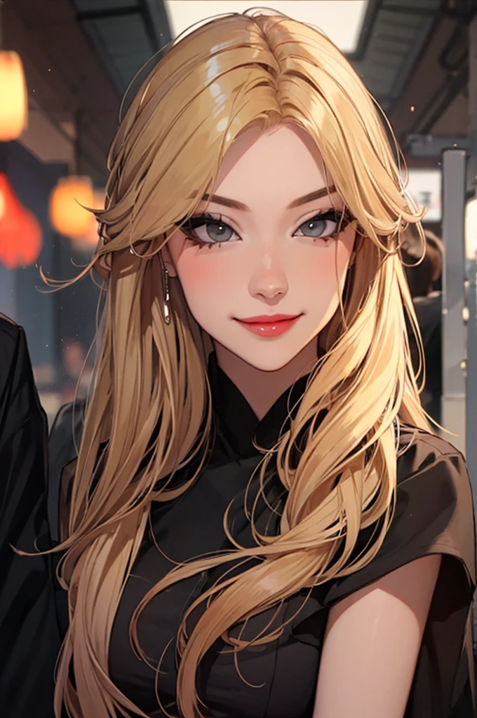 1girl,a beautiful korean fashion model bokeh train,(masterpiece, detailed background, best quality),long and shiny hair,blonde hair,smirk,juicy lips,red lips, goblin gangbang