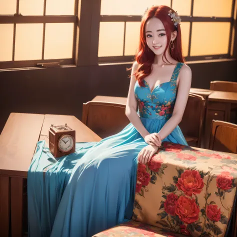 (best quality,4k,8k,highres,masterpiece:1.2),ultra-detailed, red haired Chinese college student, Dilraba Dilmurat, flowery blue ...