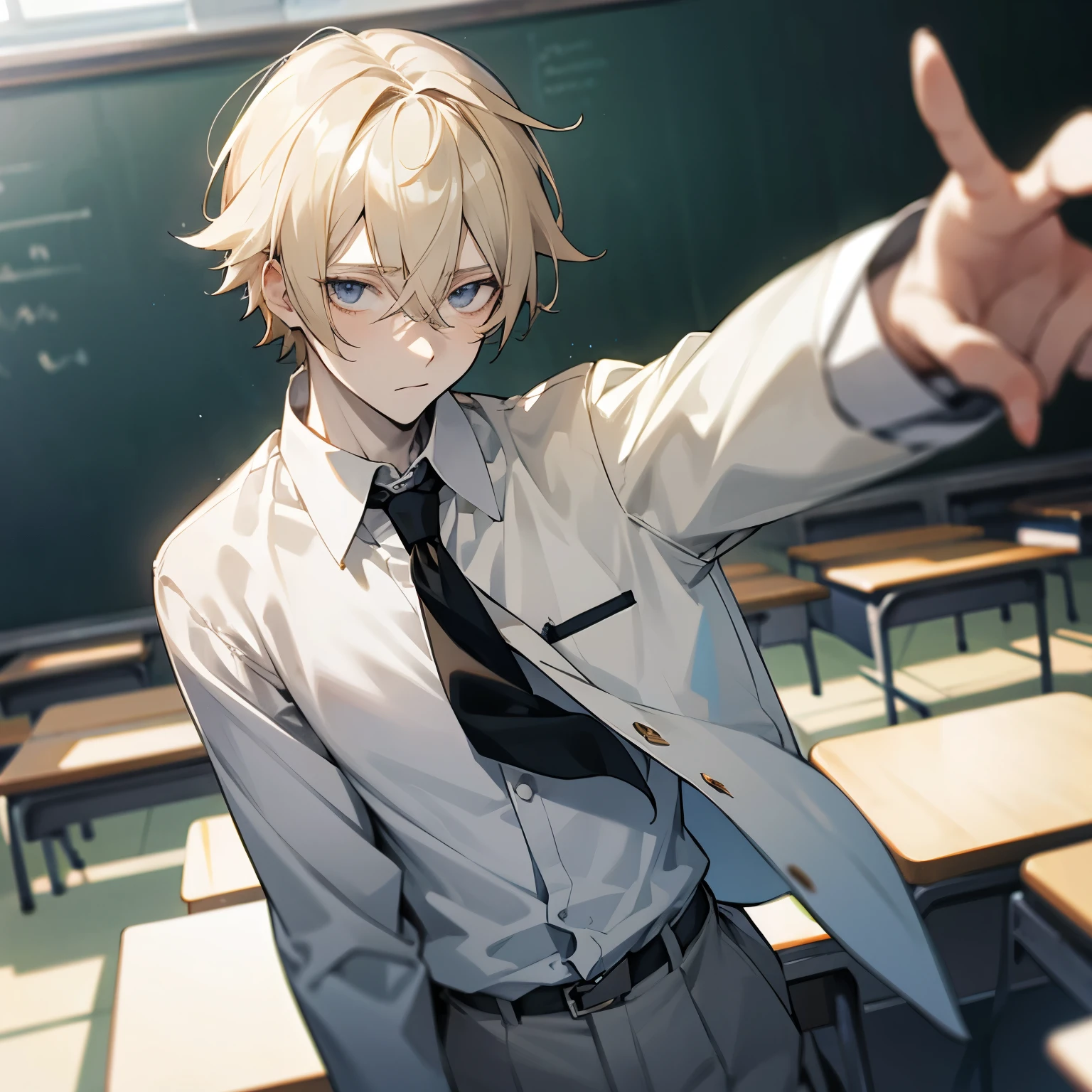 Anime boy in a classroom pointing at the camera - SeaArt AI