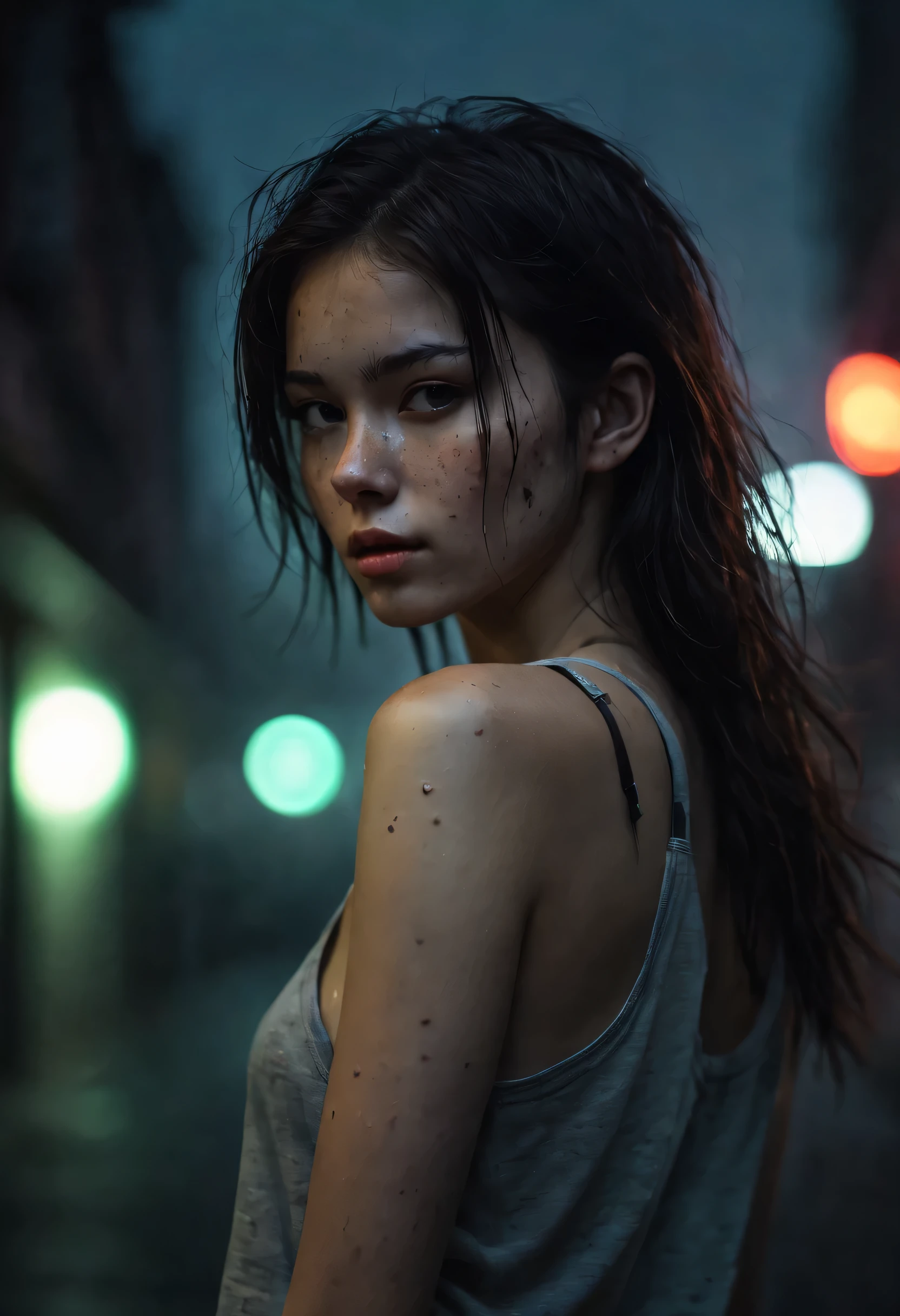 city street, neon, fog, volumetric, closeup portrait photo of young woman in dark clotheessy hair:0.3), (naked breast), (shot from distance), (dirty body:1.6), Indifferent, (body sweat), (wet body), tank top, depth of field, (gorgeous:1.2), detailed face, dark theme, Night, soothing tones, muted colors, high contrast, (natural skin texture, hyperrealism, soft light, sharp), (freckles:0.3), (acne:0.3), Cannon EOS 5D Mark III