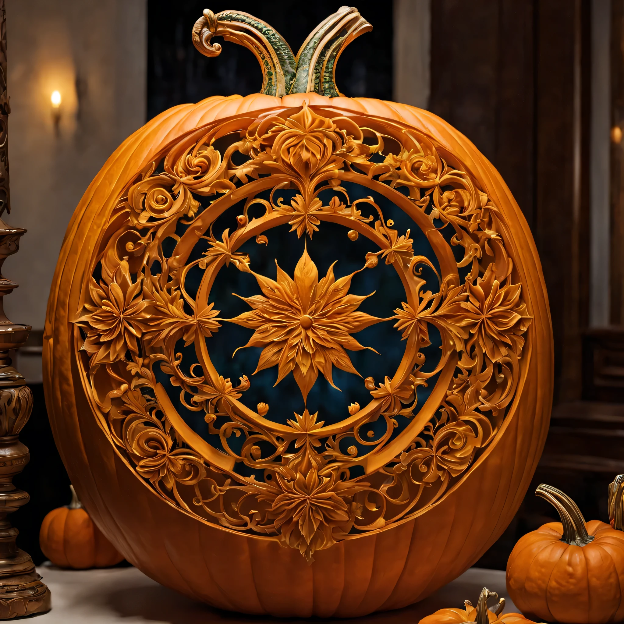 Pumpkin carving, Cutting art, cutting work, (Feels like being shaved:1.3), Blue light lantern made from cut pumpkin, intricate tropical fish carvings, (masterpiece), (highest quality), (Ultra high detail)