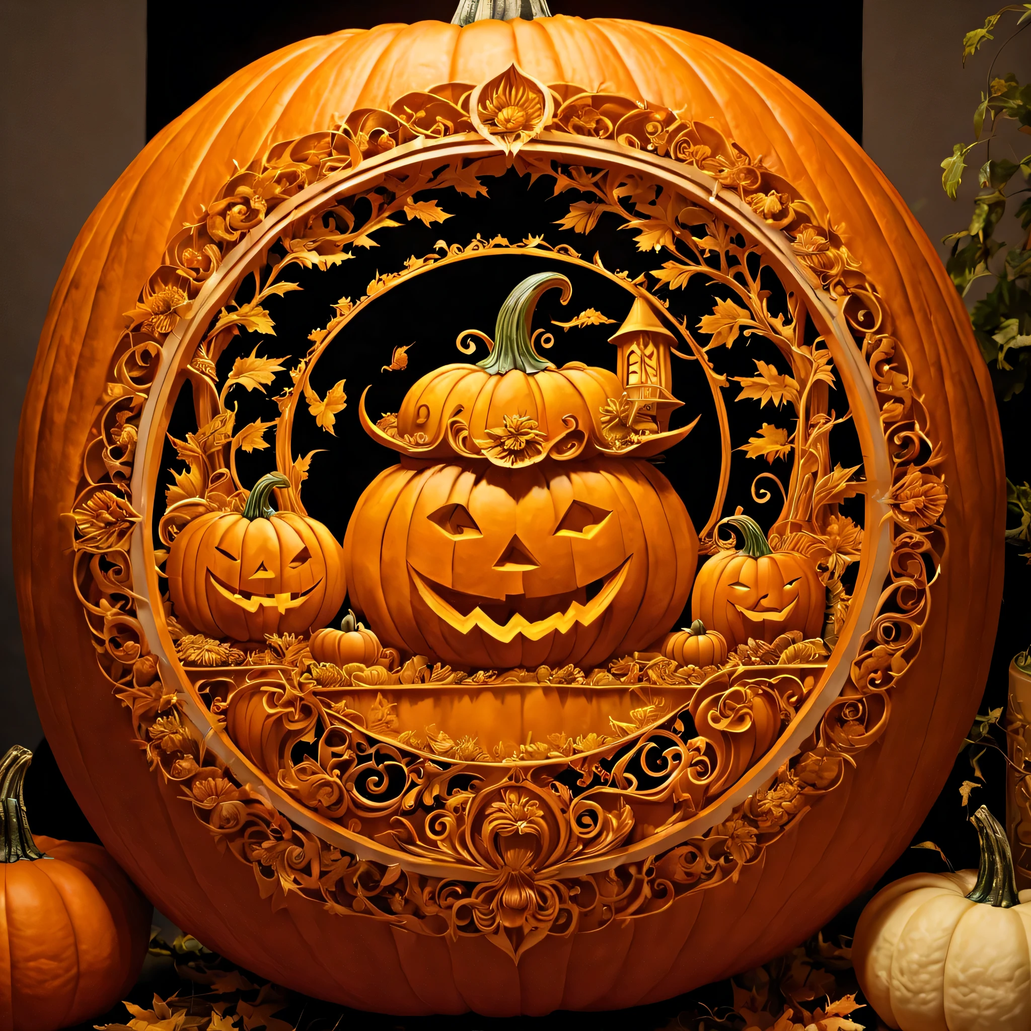 Pumpkin carving, Cutting art, cutting work, (Feels like being shaved:1.3), Blue light lantern made from cut pumpkin, intricate tropical fish carvings, (masterpiece), (highest quality), (Ultra high detail)