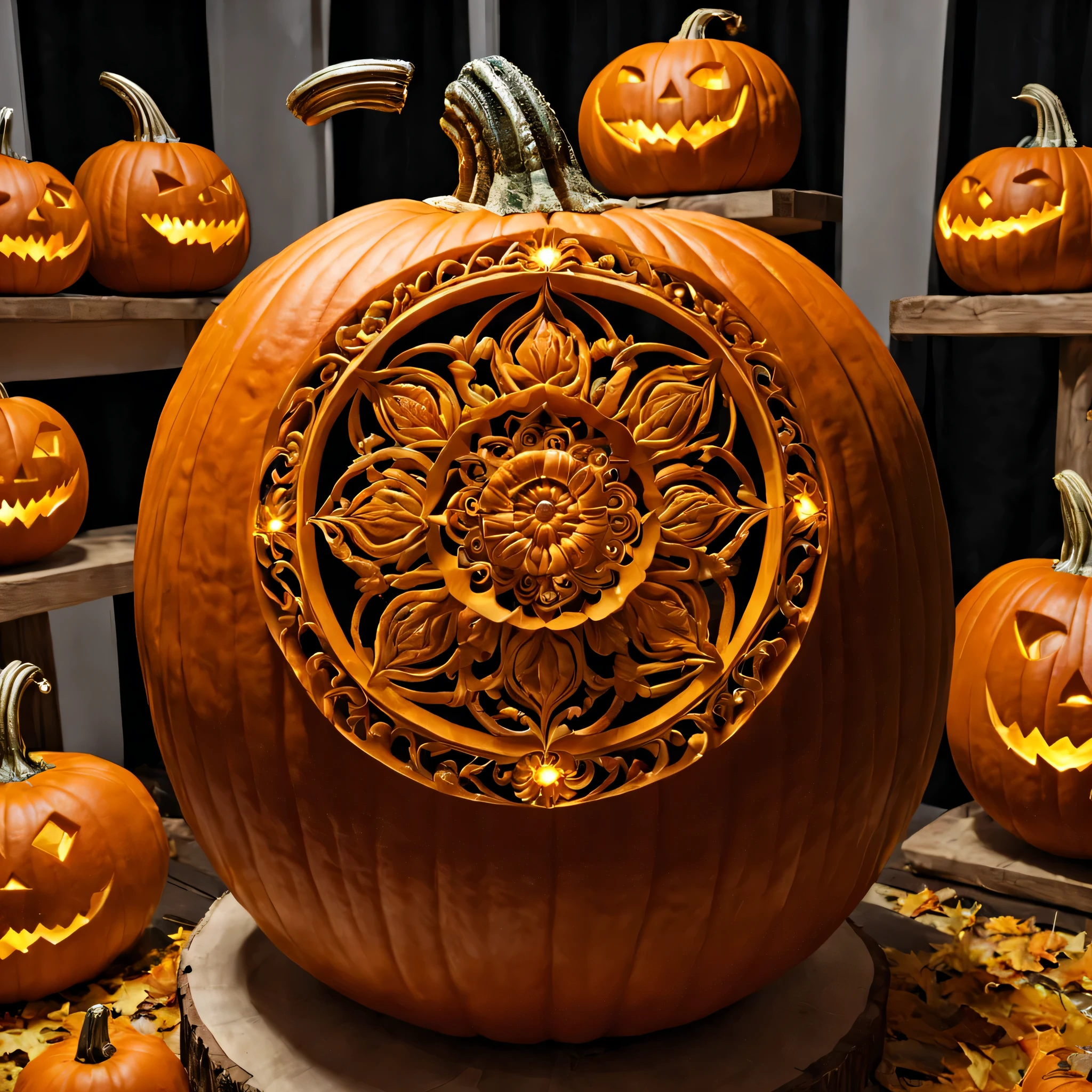 Pumpkin carving, Cutting art, cutting work, (Feels like being shaved:1.3), Blue light lantern made from cut pumpkin, intricate tropical fish carvings, (masterpiece), (highest quality), (Ultra high detail)