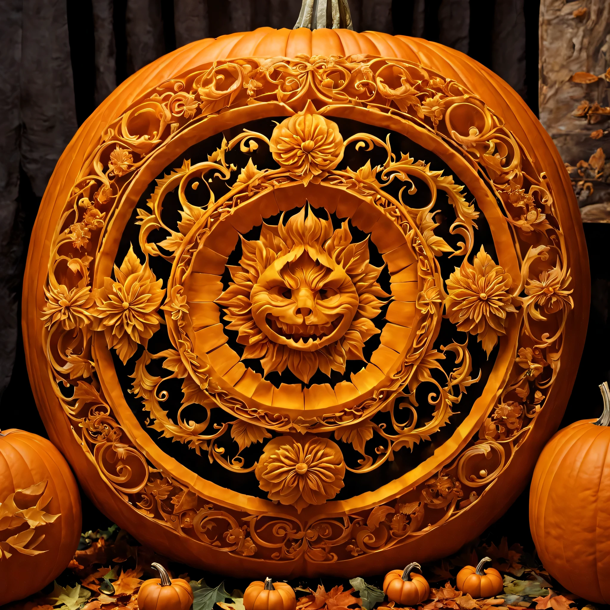 Pumpkin carving, Cutting art, cutting work, (Feels like being shaved:1.3), Blue light lantern made from cut pumpkin, intricate tropical fish carvings, (masterpiece), (highest quality), (Ultra high detail)