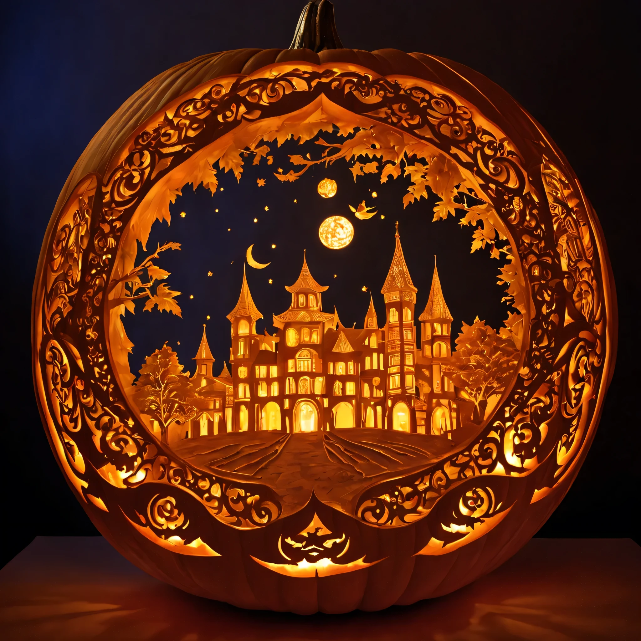 Pumpkin carving, Cutting art, cutting work, (Feels like being shaved:1.3), Blue light lantern made from cut pumpkin, intricate tropical fish carvings, (masterpiece), (highest quality), (Ultra high detail)