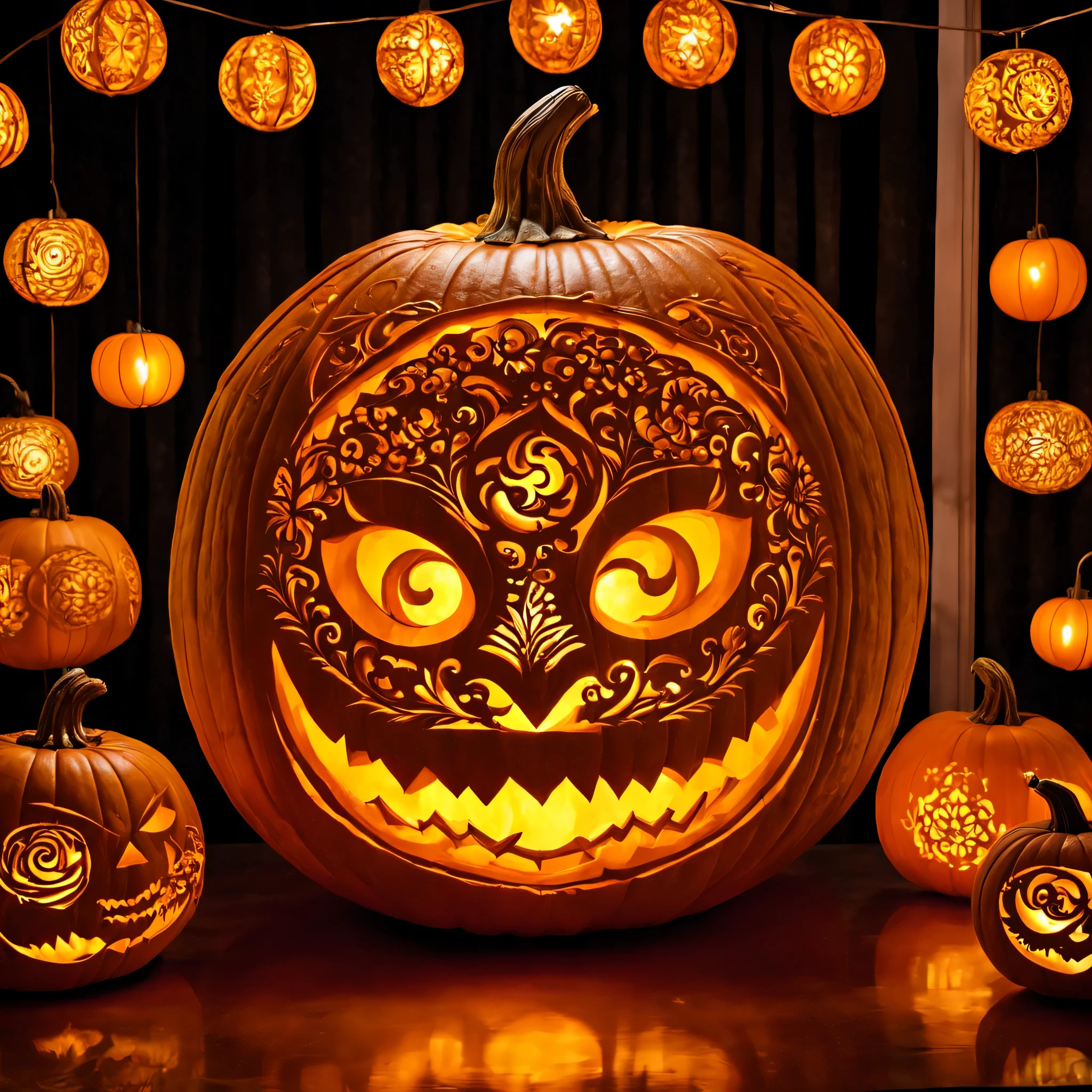 Pumpkin carving, Cutting art, cutting work, (Feels like being shaved:1.3), Blue light lantern made from cut pumpkin, intricate tropical fish carvings, (masterpiece), (highest quality), (Ultra high detail)