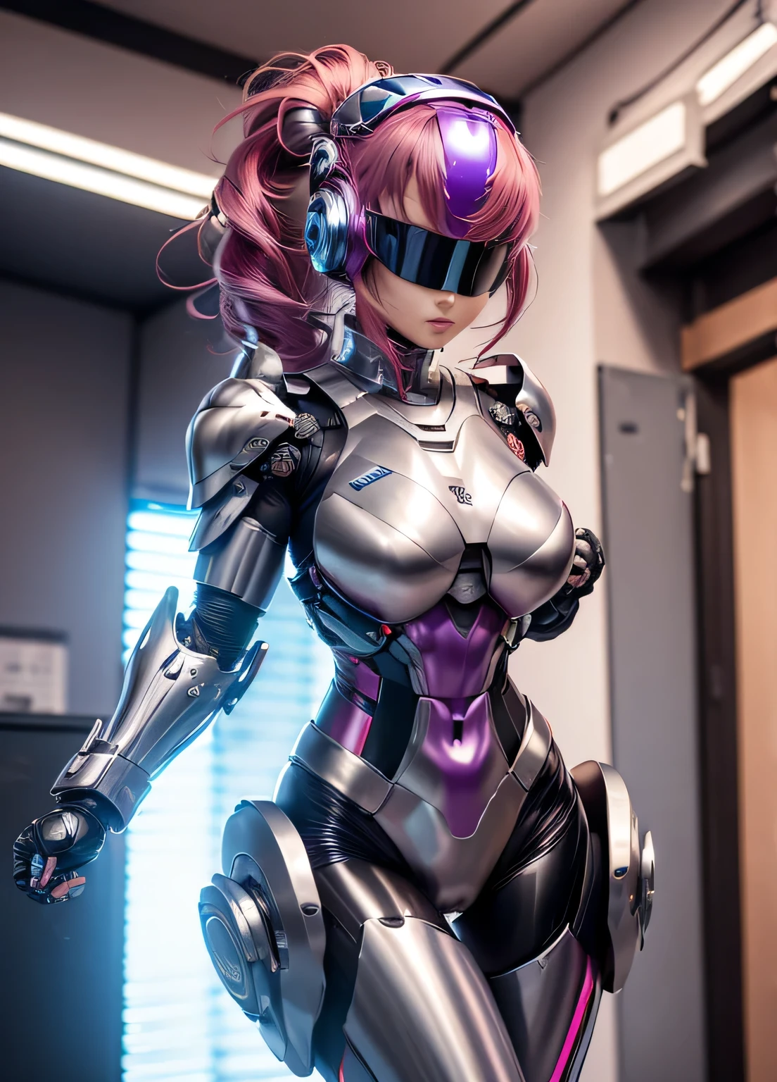 female robocop solo、Armor that completely covers the whole body、very large armor、Helmet to hide your eyes、Rainbow Armor、Armor that completely covers the chest、thin and long legs、Vibrant Posel Body View、big and full breasts:1.5, (Moving body:1.5), Arafe woman solo with ponytail hair