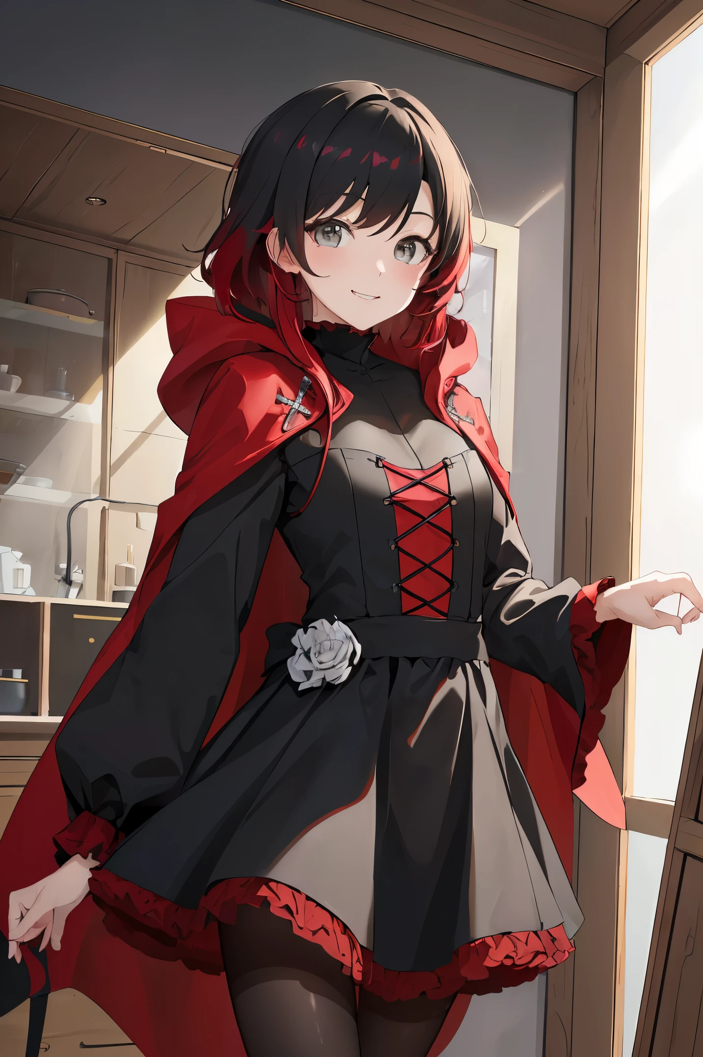 (disorganized, 8K, 4K, masterpiece, very detailed:1.2), ((masterpiece,highest quality)), disorganized, Ruby_ticker, alone, looking at the viewer, smile, Rubyローズ, black dress, long sleeve, red cloak, pantyhose,