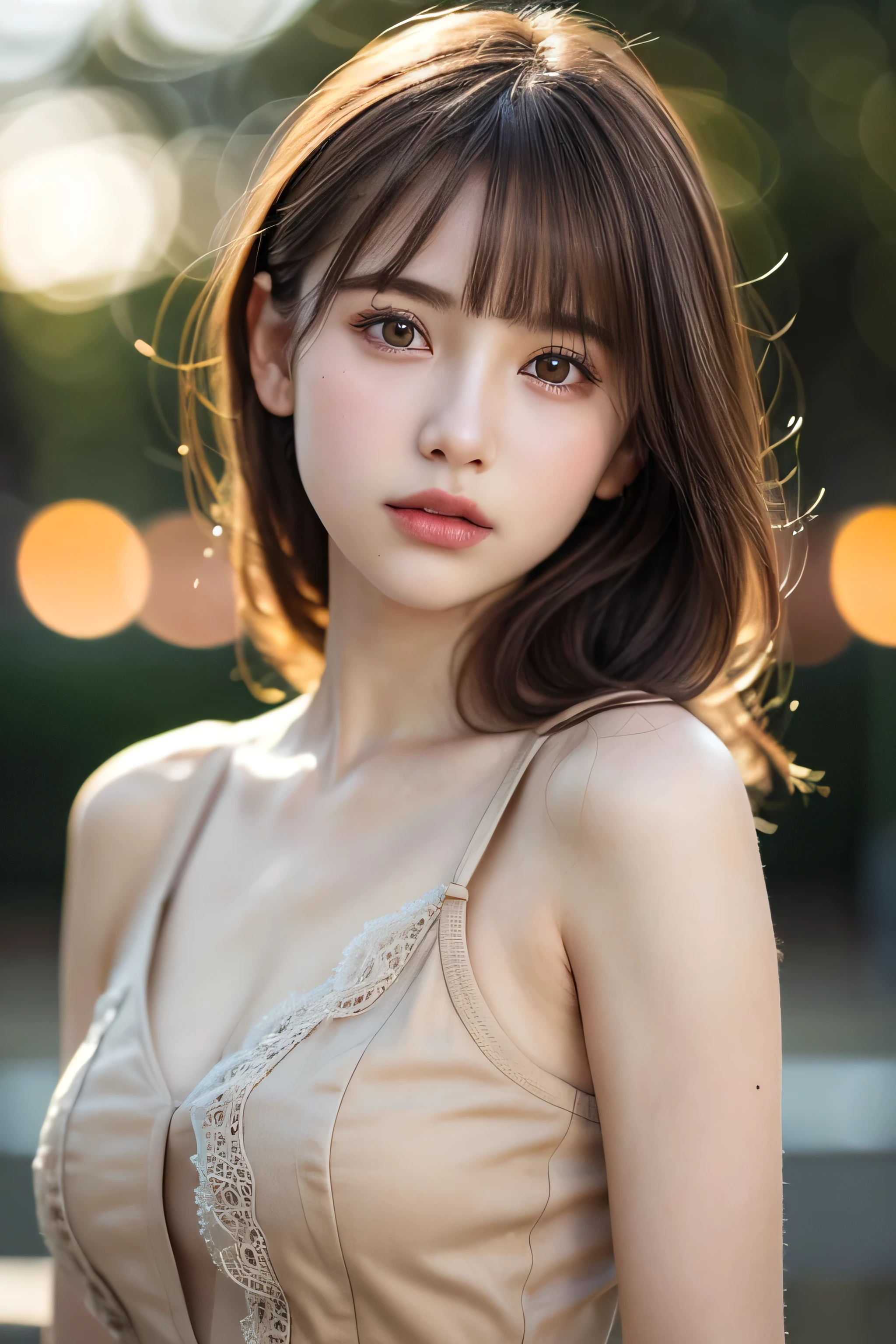 (best quality), (ultra-detailed), (llustration), (detailed light), (an extremely delicate and beautiful), 1young girl, brown hair, brown eyes, model, bare shoulders, best quality, extremely detailed CG unified 8k wallpaper, High-definition raw color photos, professional photograpy, (((Bokeh))), depth of fields, twilight, sunset,