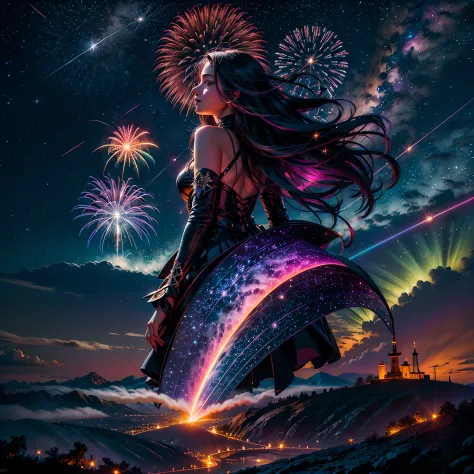 galaxy colorgalaxy spacious nebula dark _night_sky (Splendid fireworks bloom in the dark night sky background) moonset moonrise ...