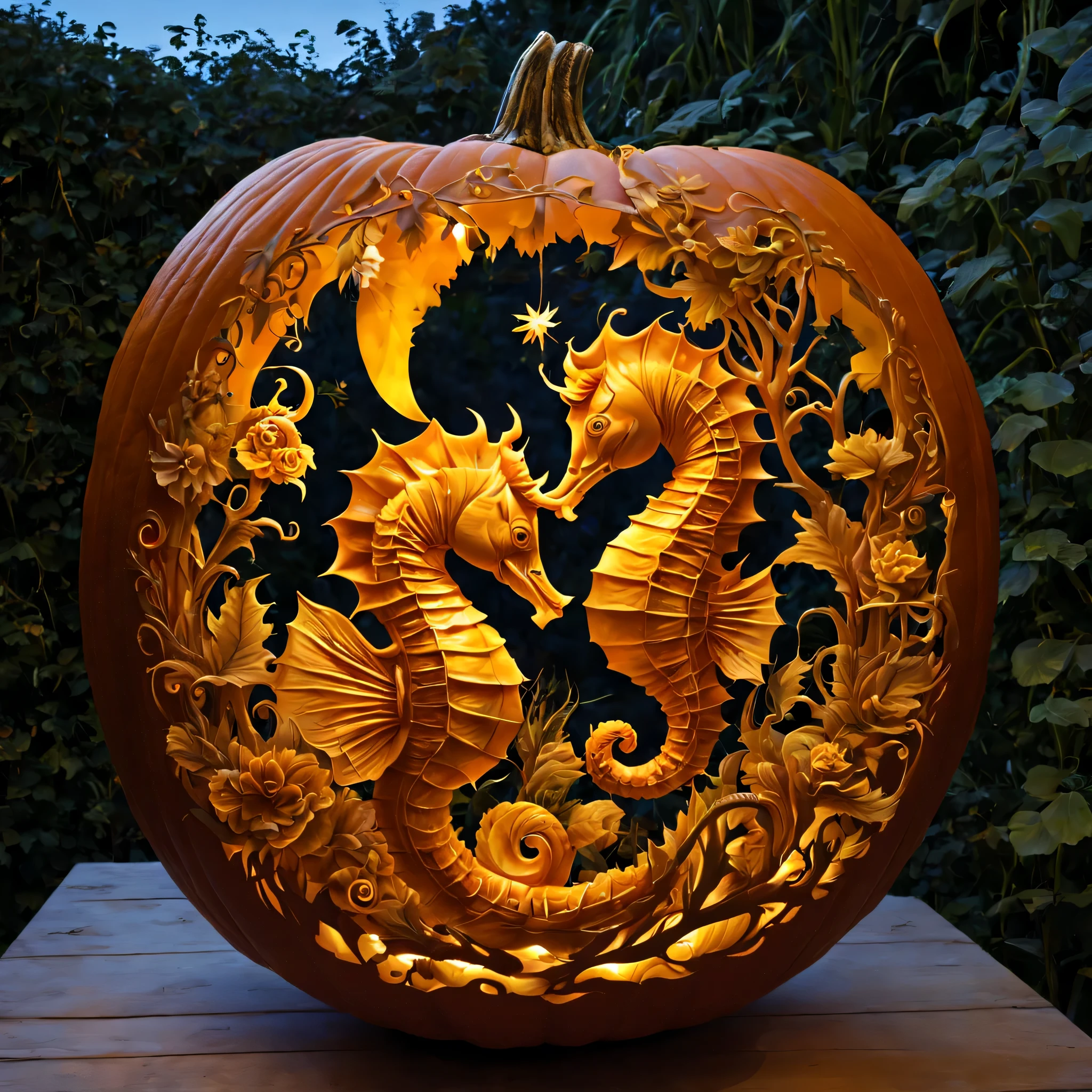 Pumpkin carving, Cutting art, cutting work, (Feels like being shaved:1.3), Blue light lantern made from cut pumpkin, intricate tropical fish carvings, (masterpiece), (highest quality), (Ultra high detail)