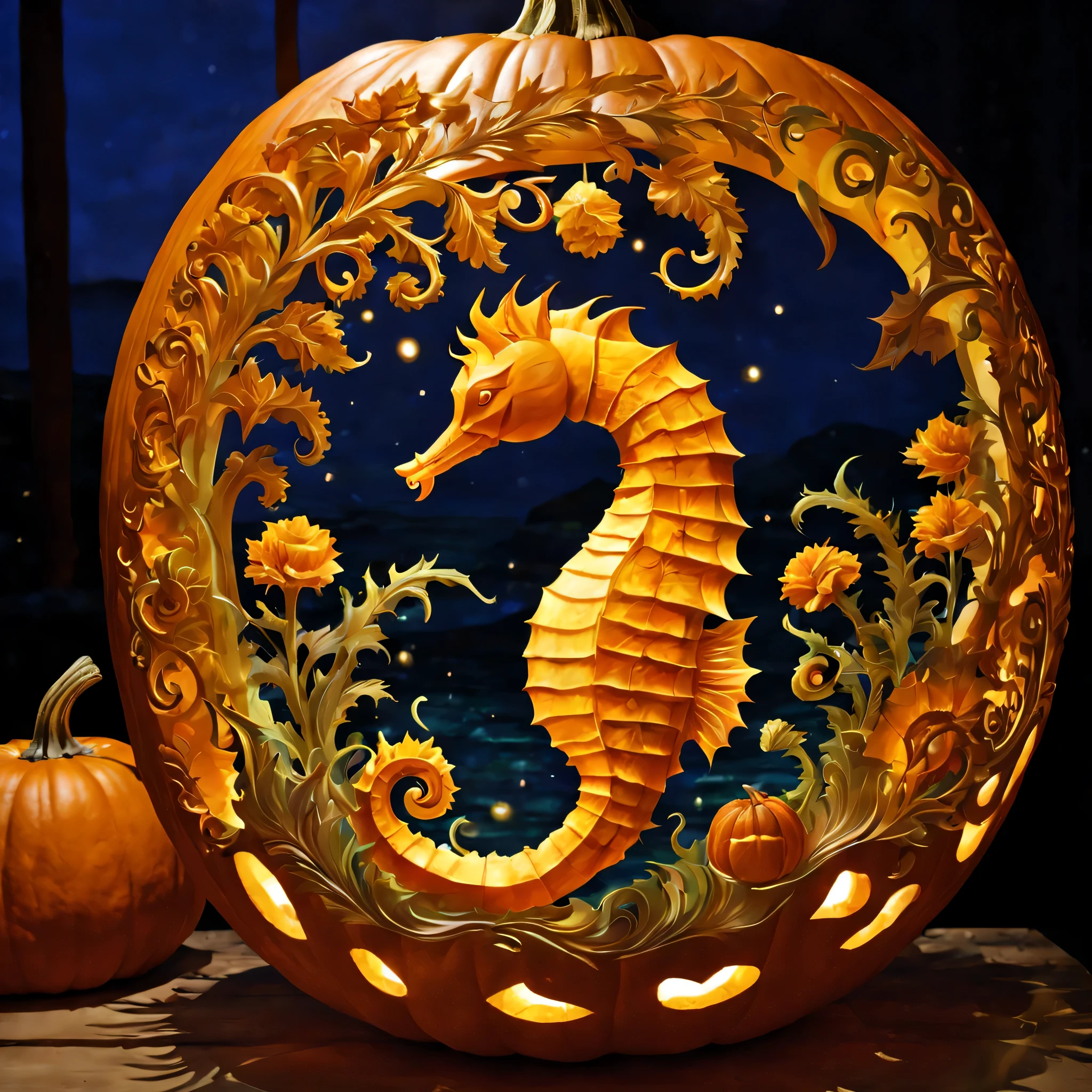 Pumpkin carving, Cutting art, cutting work, (Feels like being shaved:1.3), Blue light lantern made from cut pumpkin, intricate tropical fish carvings, (masterpiece), (highest quality), (Ultra high detail)