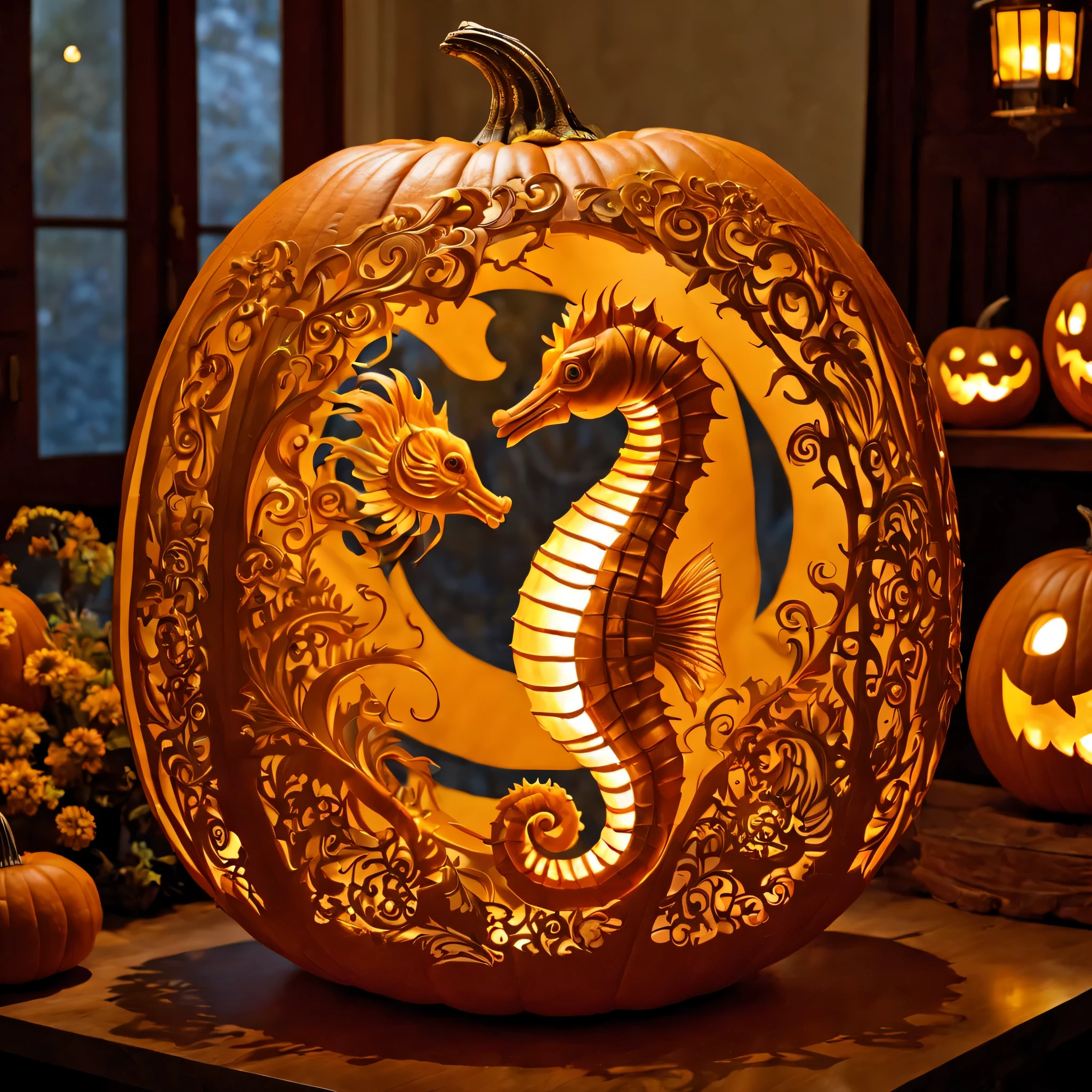 Pumpkin carving, Cutting art, cutting work, (Feels like being shaved:1.3), Blue light lantern made from cut pumpkin, intricate tropical fish carvings, (masterpiece), (highest quality), (Ultra high detail)