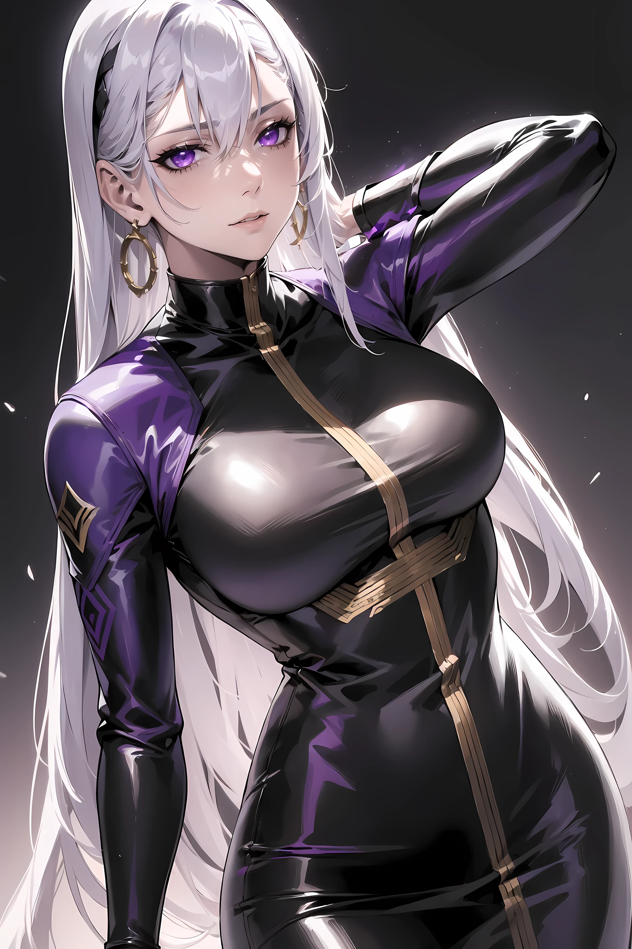 1 girl,Youthful white straight hair, Dark complexion, latin heritage, Purple iris, Wearing black tactical uniform with gold trim, Sport snake earrings, Beautiful and delicate eyes, Detailed face, Sophisticated punk rock clothing, Cinema lighting, Strong backlight, Realist conceptual art.