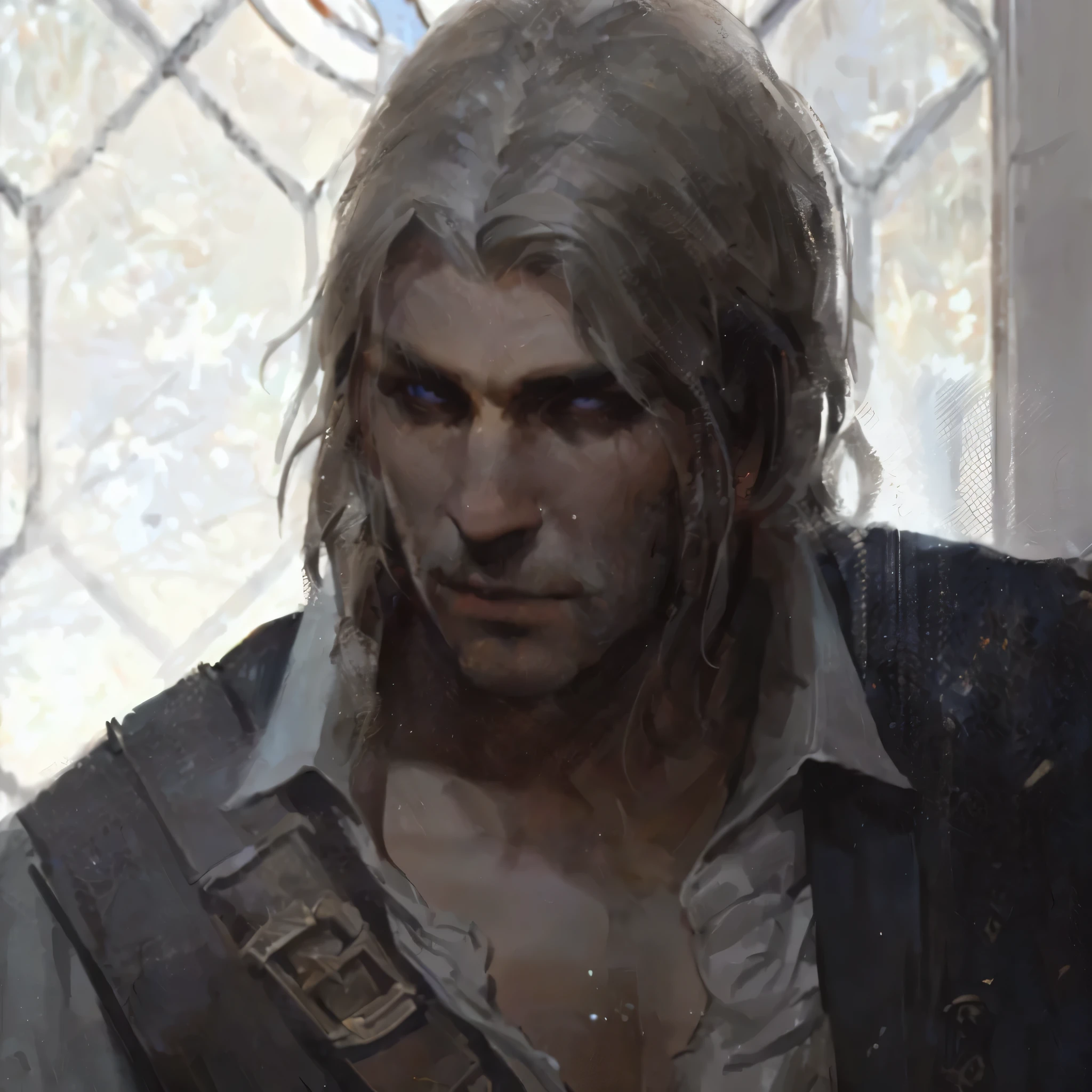 langes Haar haben、Mann in einer Weste, portrait of Geralt von Riva, the dieser Zauberer concept art, Geralt von Riva, Geralt, Porträt von Fin Wildcloak, dieser Zauberer)), dieser Zauberer, fantasie männliches porträt, from dieser Zauberer (2021), Merkmale, Kunstwerke im Guwitz-Stil, the dieser Zauberer