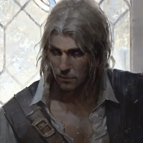 Have long hair、Man in a vest, portrait of Geralt of rivia, the that wizard concept art, Geralt of rivia, Geralt, portrait of fin...