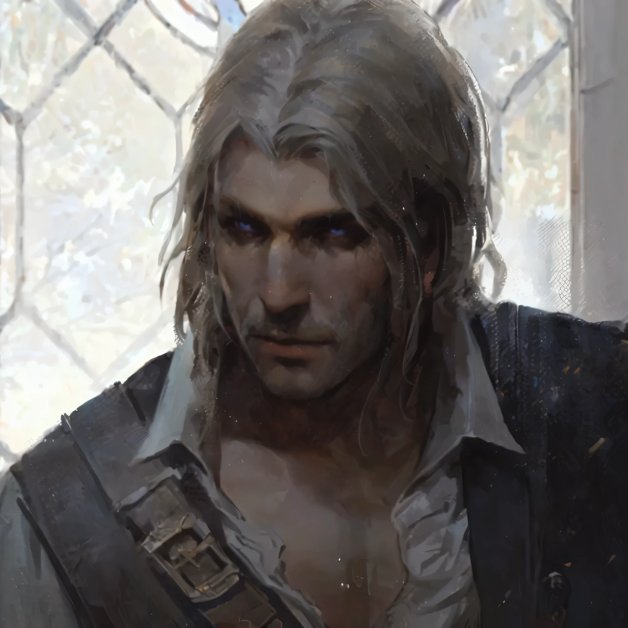 Have long hair、Man in a vest, portrait of Geralt of rivia, the that wizard concept art, Geralt of rivia, Geralt, portrait of fin wildcloak, that wizard)), that wizard, fantasy male portrait, from that wizard (2021), ciri, Works of art in the style of Guwitz, the that wizard